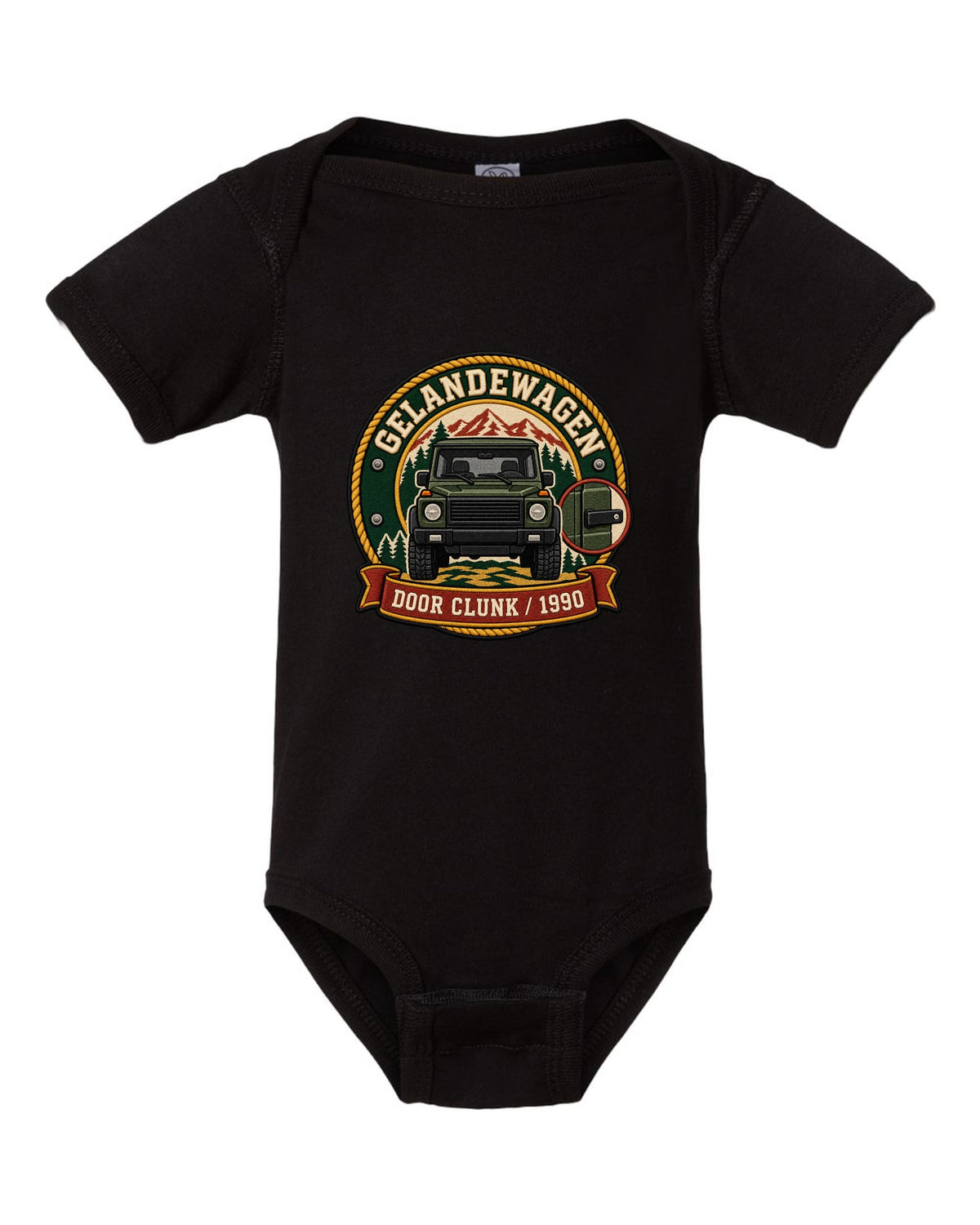 Embroidery-style shield crest graphic reading Door Clunk 1990 for a Mercedes G-Class W463, print black baby onesie front view with the design