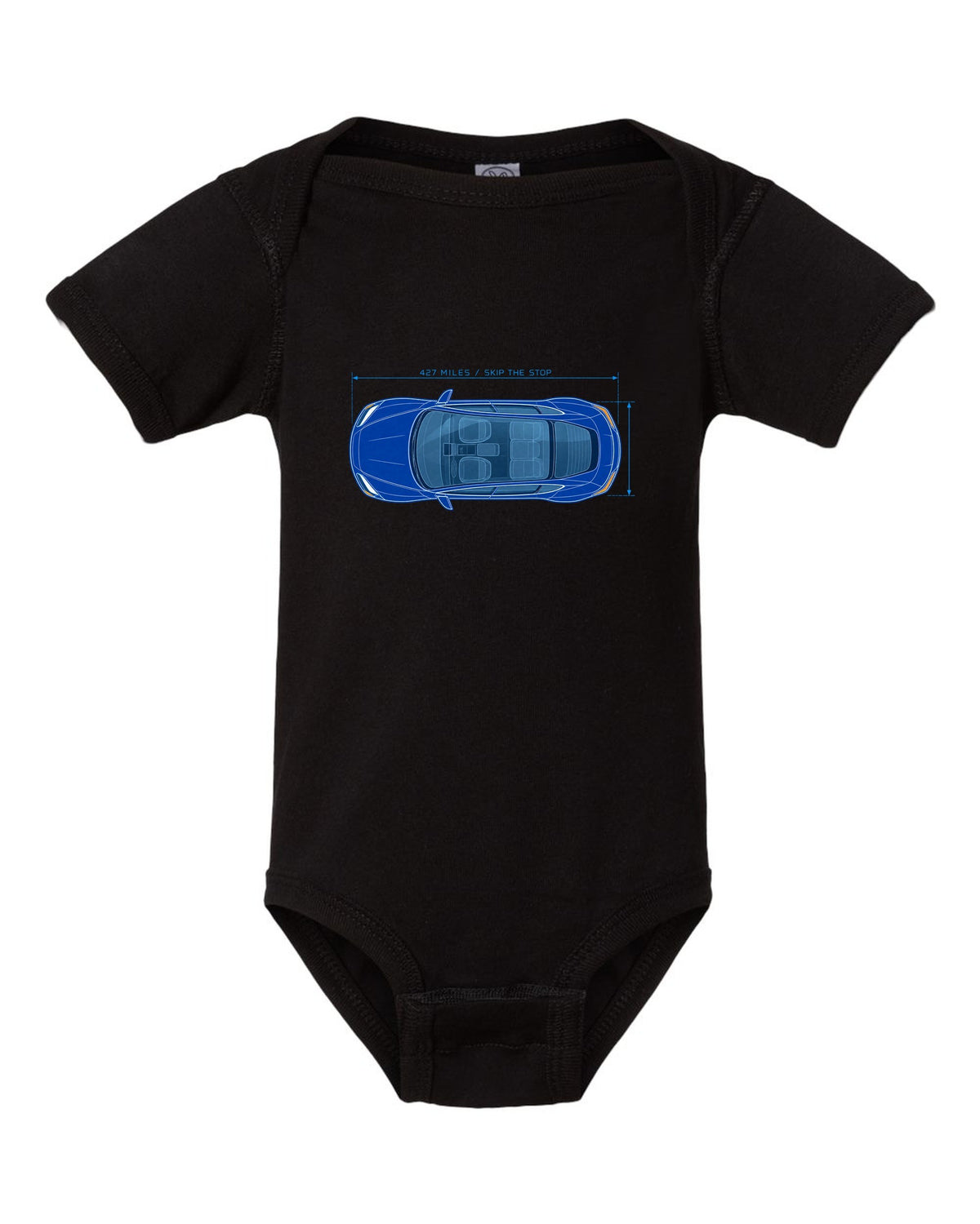 Lucid Air Sapphire white and cyan blueprint print with the text 427 miles skip the stop black baby onesie front view with the design