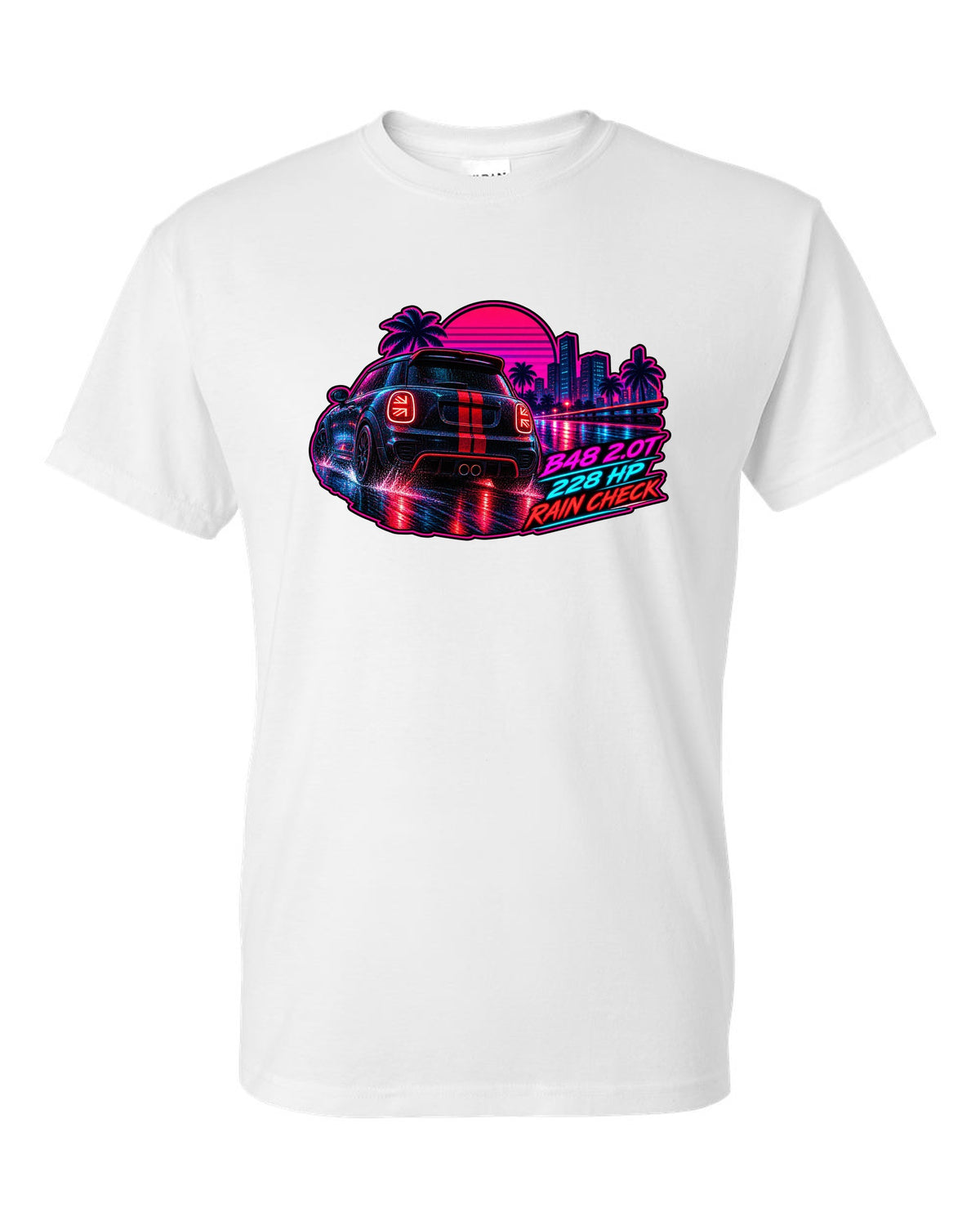 Synthwave print of a Mini JCW F56 rear with Union Jack tail lights and B48 228 HP text white t-shirt front view with the design