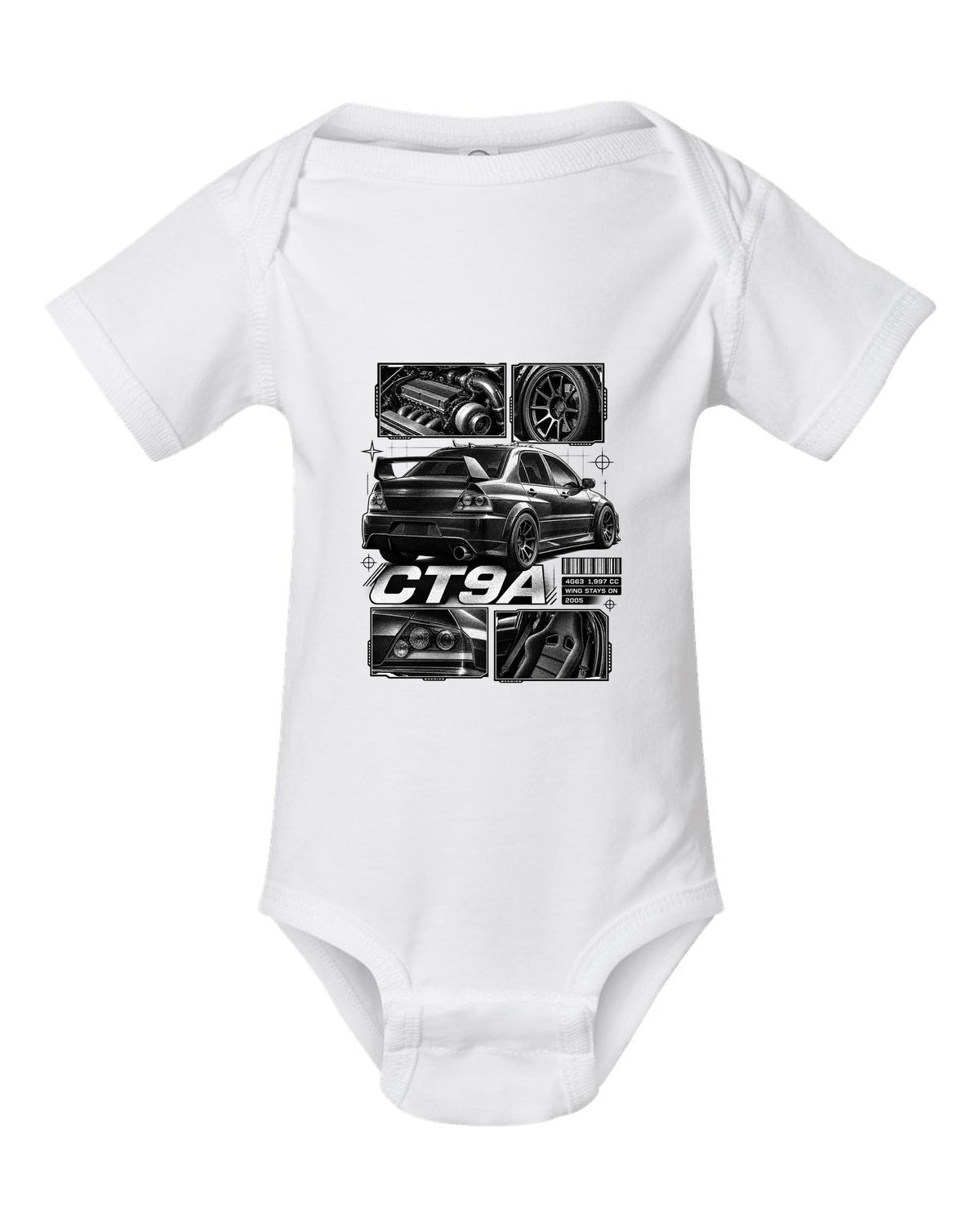 Dossier panel print of a Mitsubishi Lancer Evolution VIII IX CT9A white baby onesie front view with the design