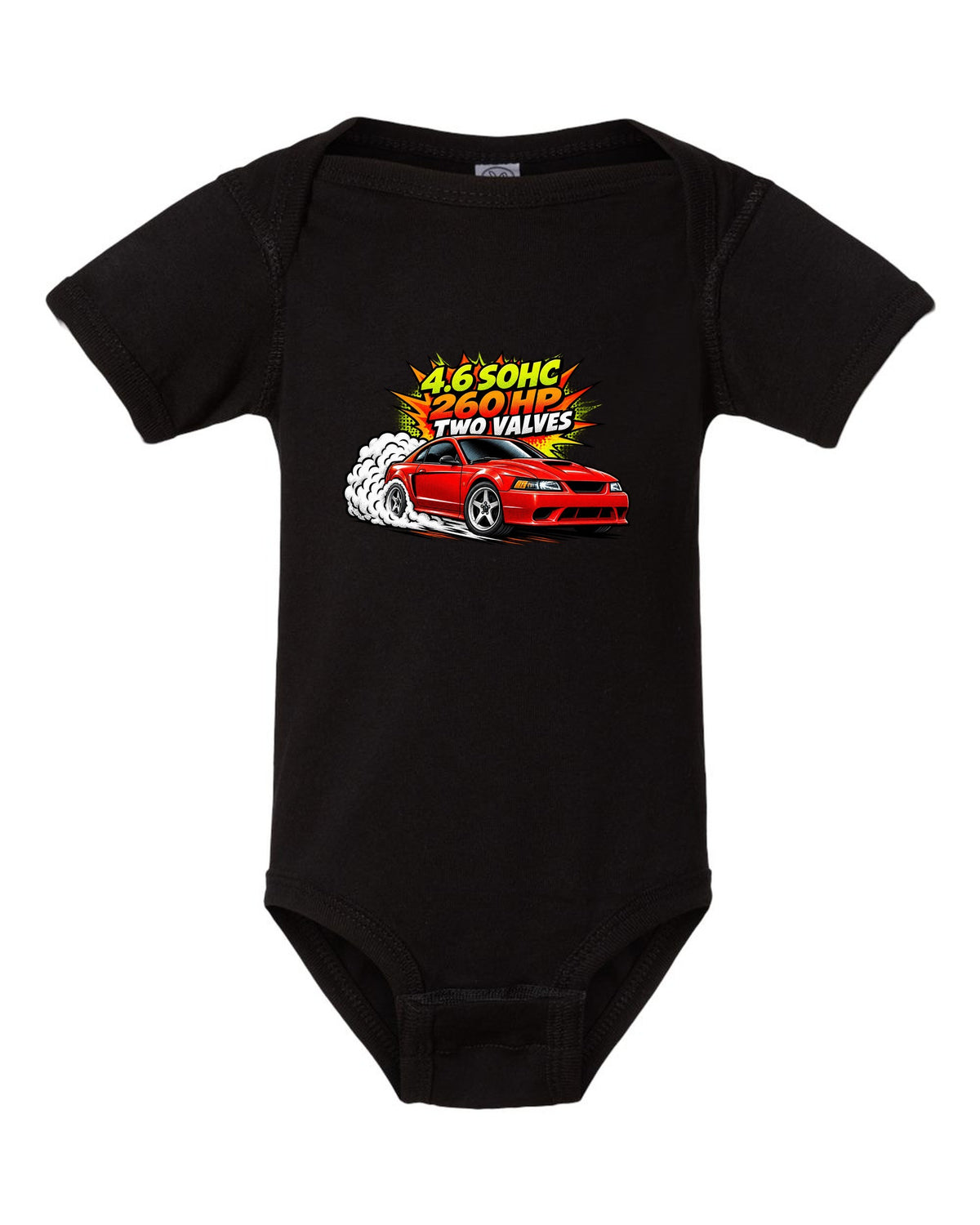 Comic halftone pop-art print of a 1999-2004 Ford Mustang SN95 New Edge burnout black baby onesie front view with the design