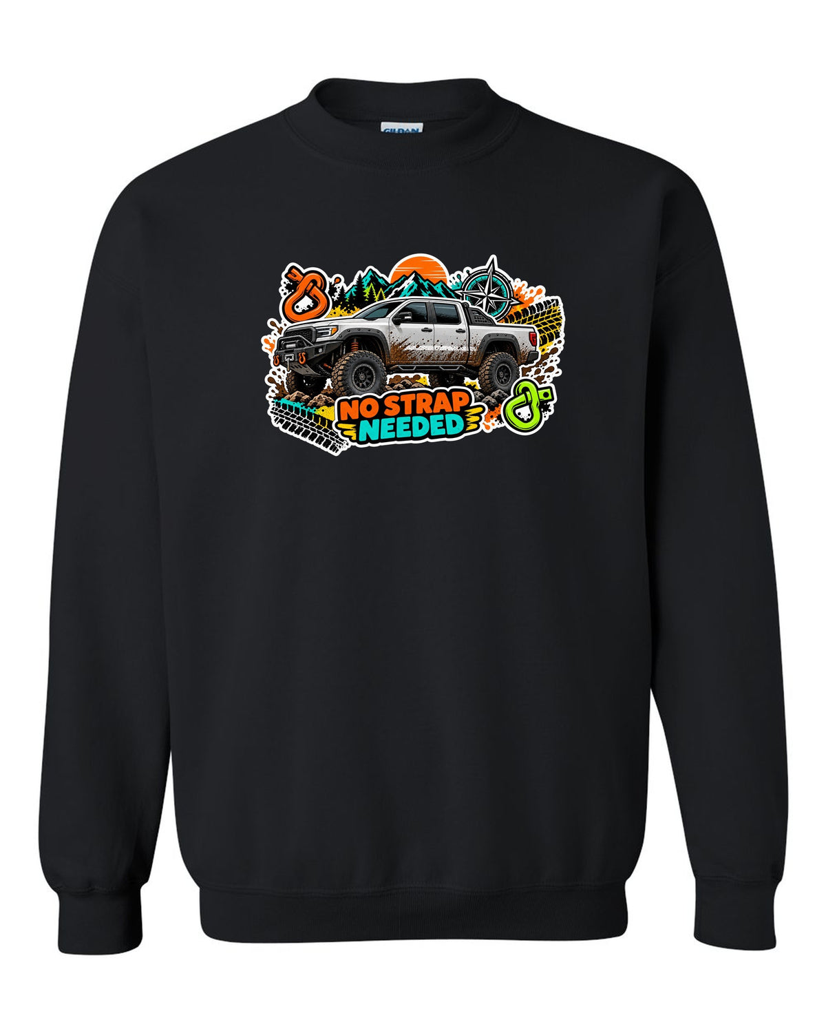 Sticker bomb collage print of a Ram Power Wagon 2500 4x4 with No Strap Needed text black crewneck front view with the design