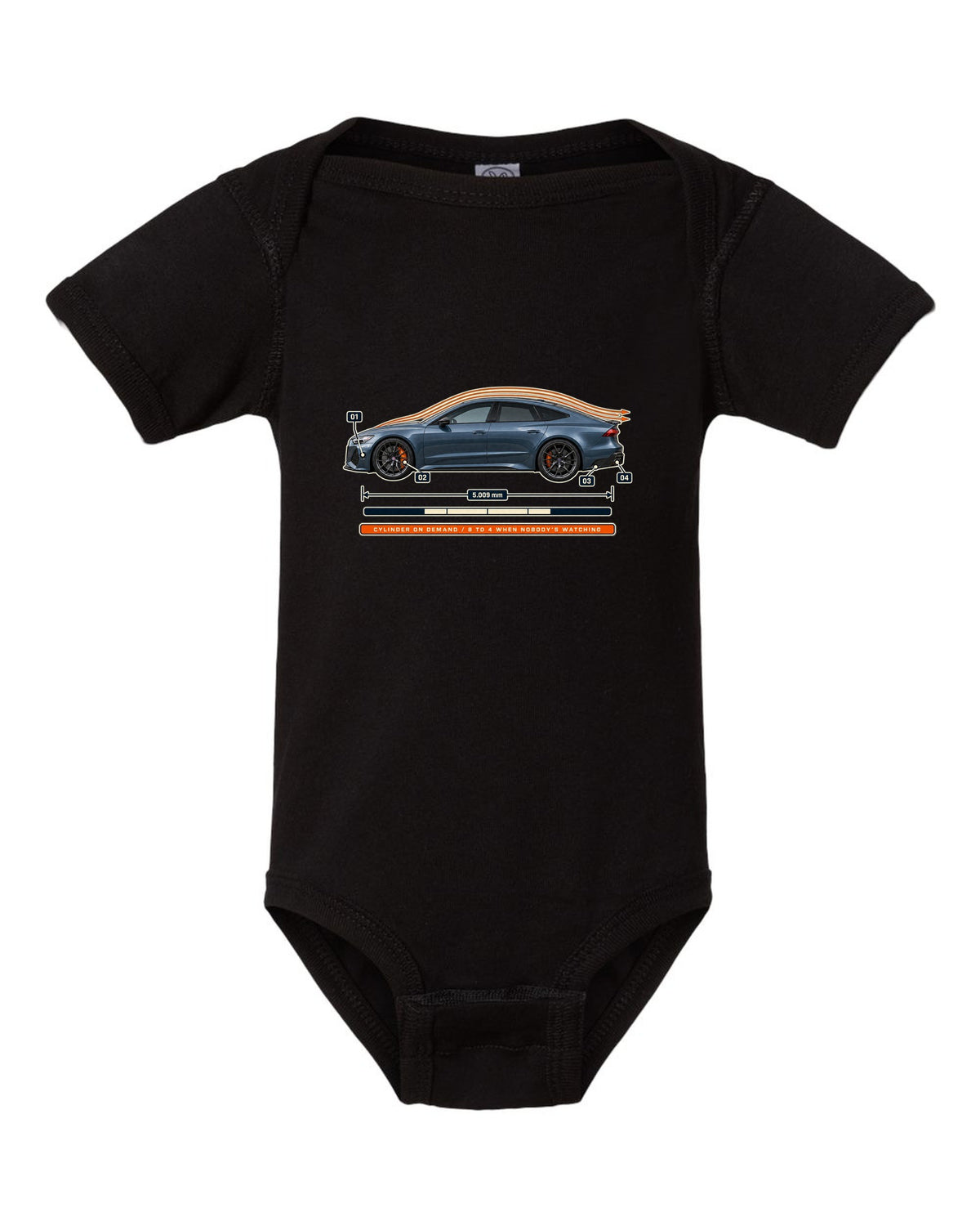 Aero callout print of an Audi RS7 Sportback C8 with cylinder on demand caption black baby onesie front view with the design