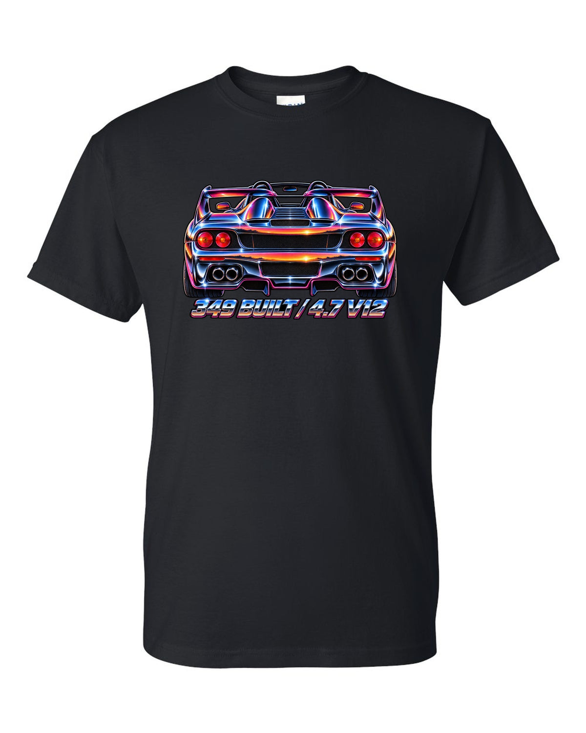 1980s airbrush chrome rear view print of a 1995 Ferrari F50 F130 with 349 built and 4.7 V12 text black t-shirt front view with the design