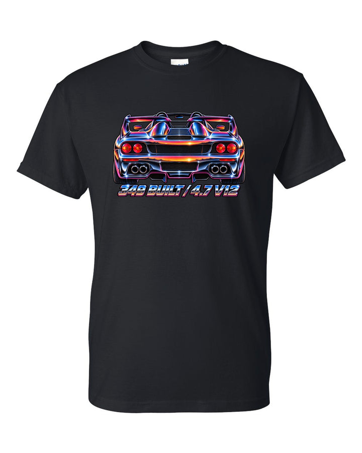 1980s airbrush chrome rear view print of a 1995 Ferrari F50 F130 with 349 built and 4.7 V12 text black t-shirt front view with the design