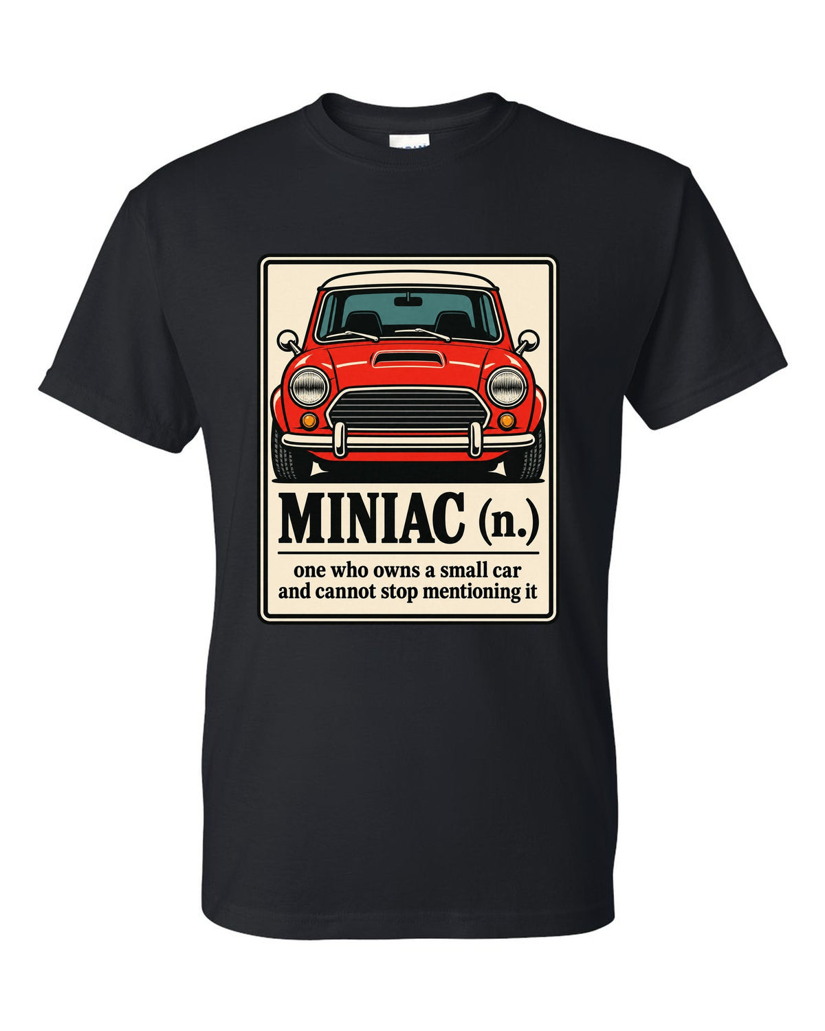 Dictionary definition card for Miniac on a Mini Cooper S R53 shirt black t-shirt front view with the design