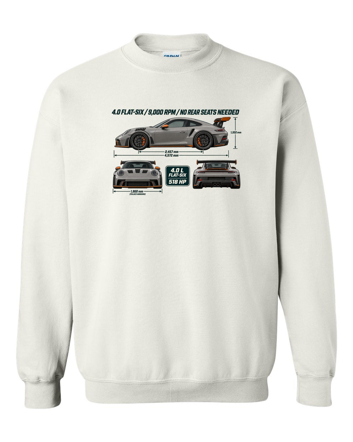 Three-view drawing and spec table of a Porsche 911 GT3 RS 992 in warm grey white crewneck front view with the design