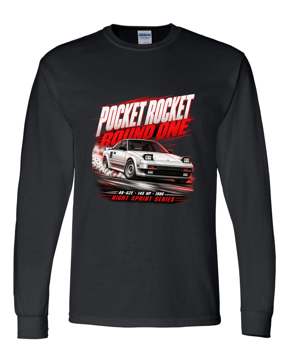 Race poster print of a supercharged Toyota MR2 AW11 with the text Pocket Rocket Round One 4A-GZE black long sleeve front view with the design