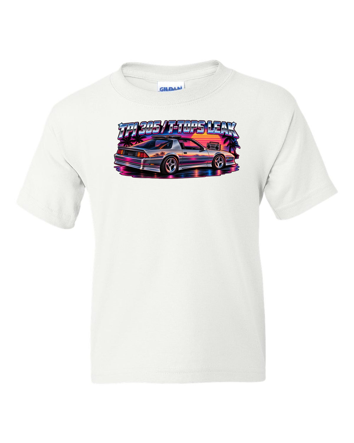 80s airbrush art with chrome type and lightning bolts of a 1985 Chevrolet Camaro IROC-Z white kids tee front view with the design