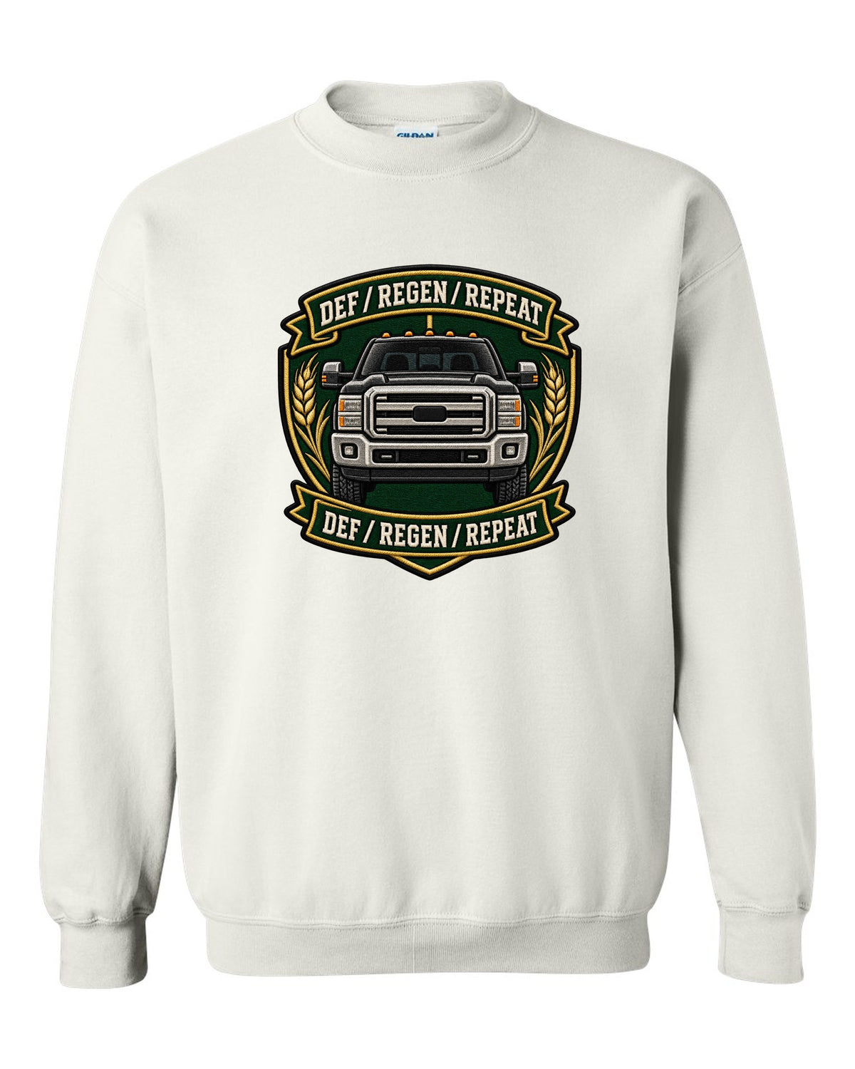 Shield crest print for the 2010-2018 Ram 2500 6.7 Cummins reading DEF regen repeat white crewneck front view with the design