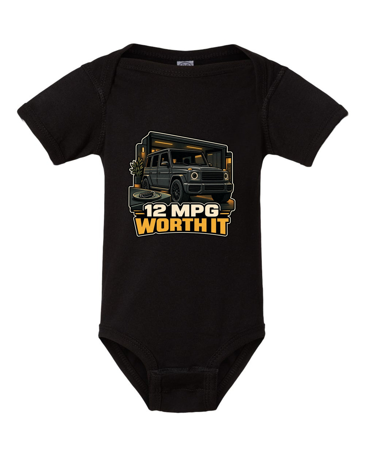 Army surplus stamp graphic reading Gelandewagen 1979 for the Mercedes G-Class W460, print black baby onesie front view with the design