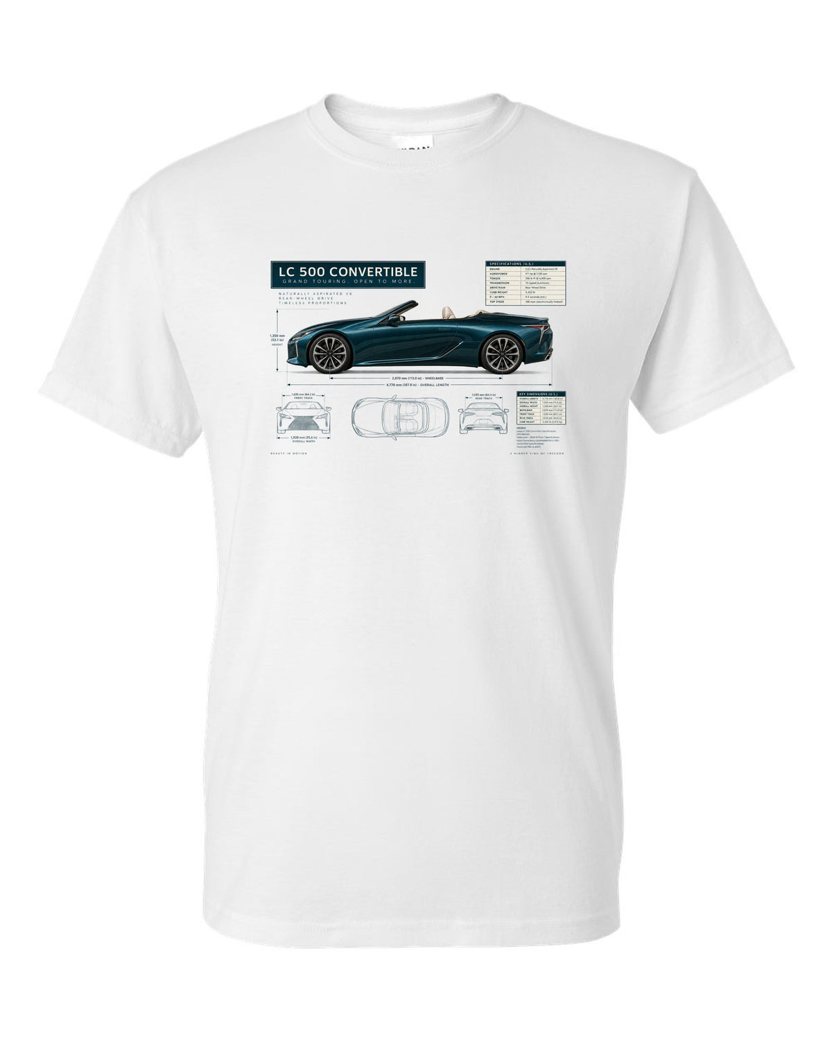 Dimension blueprint of the Lexus RC F with engine code and power figure white t-shirt front view with the design