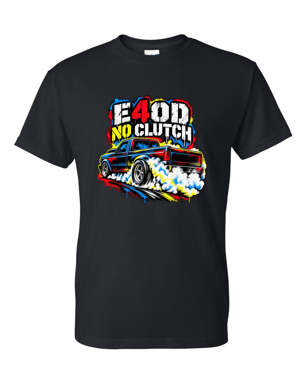 Ford F-150 SVT Lightning first gen burnout in a stencil spray print black t-shirt front view with the design