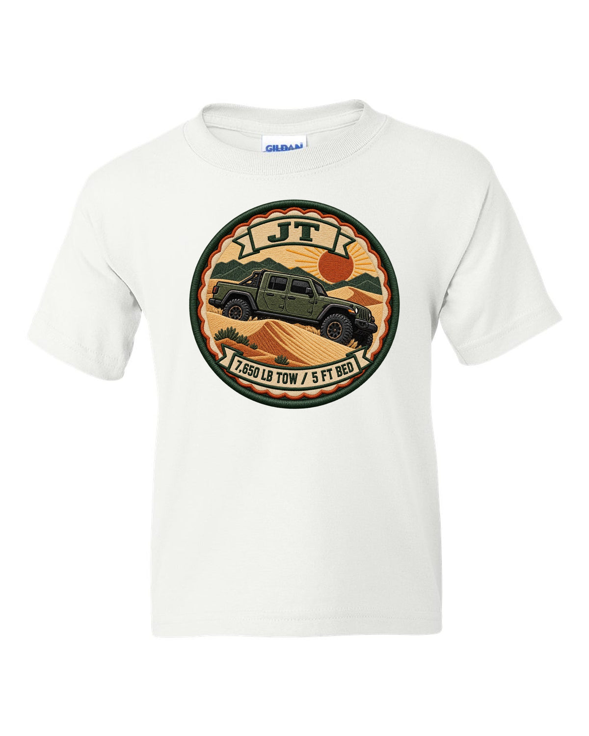 Embroidery-style varsity crest print of a Jeep Gladiator JT with tow rating text white kids tee front view with the design