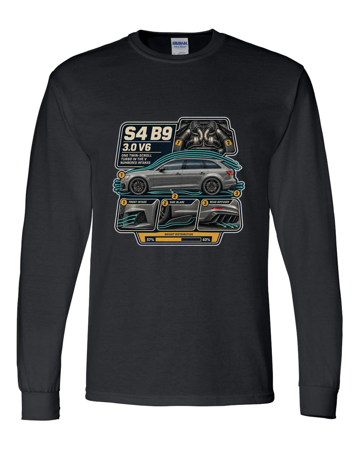 Audi S4 Avant B9 airflow cutaway with numbered intake callouts print black long sleeve front view with the design