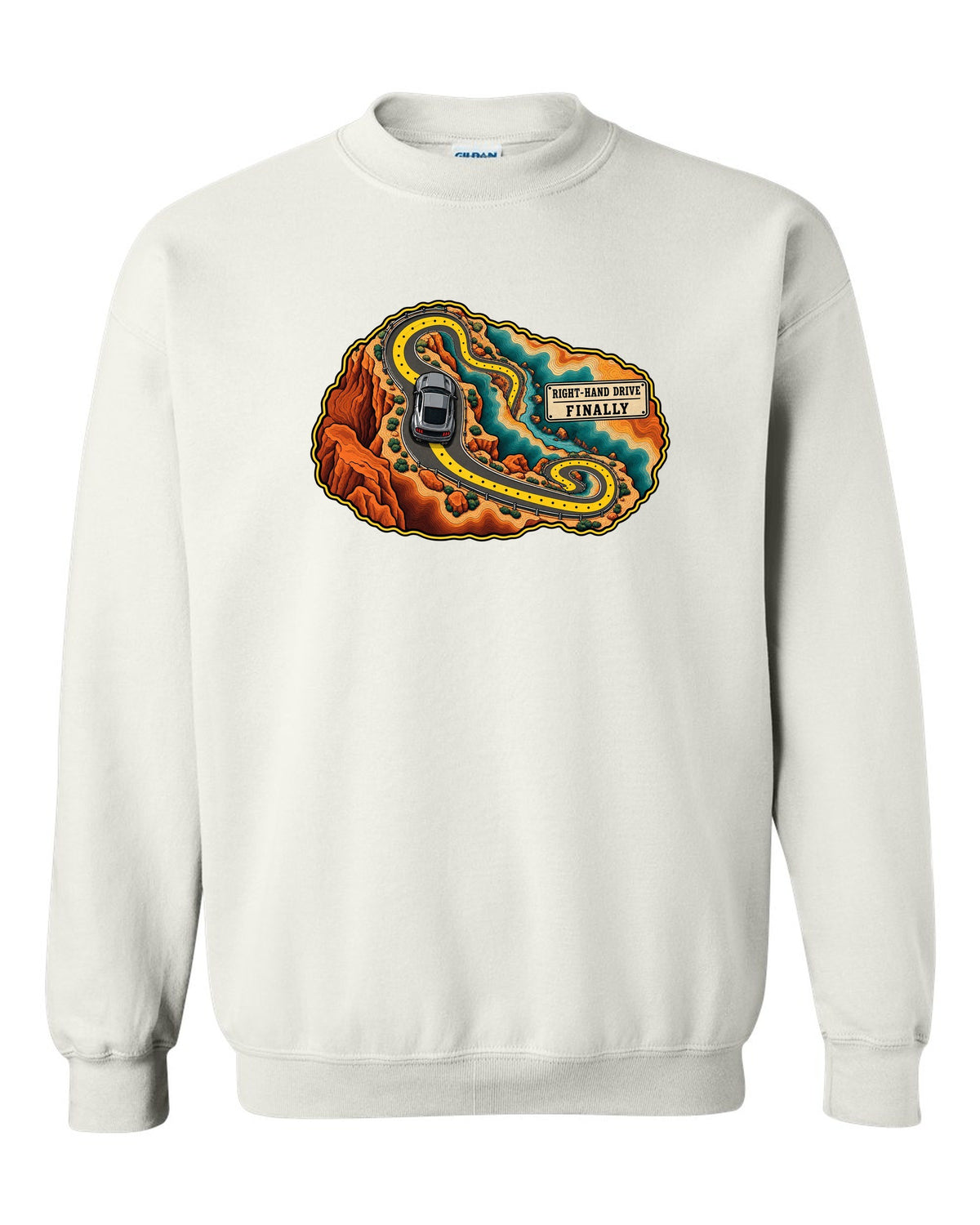 Topographic canyon route map with an S550 Ford Mustang fastback white crewneck front view with the design