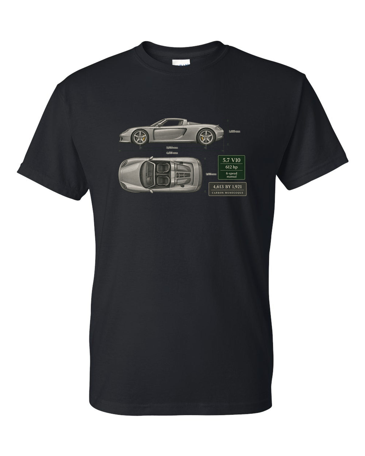 Porsche Carrera GT top view dimension blueprint print design black t-shirt front view with the design