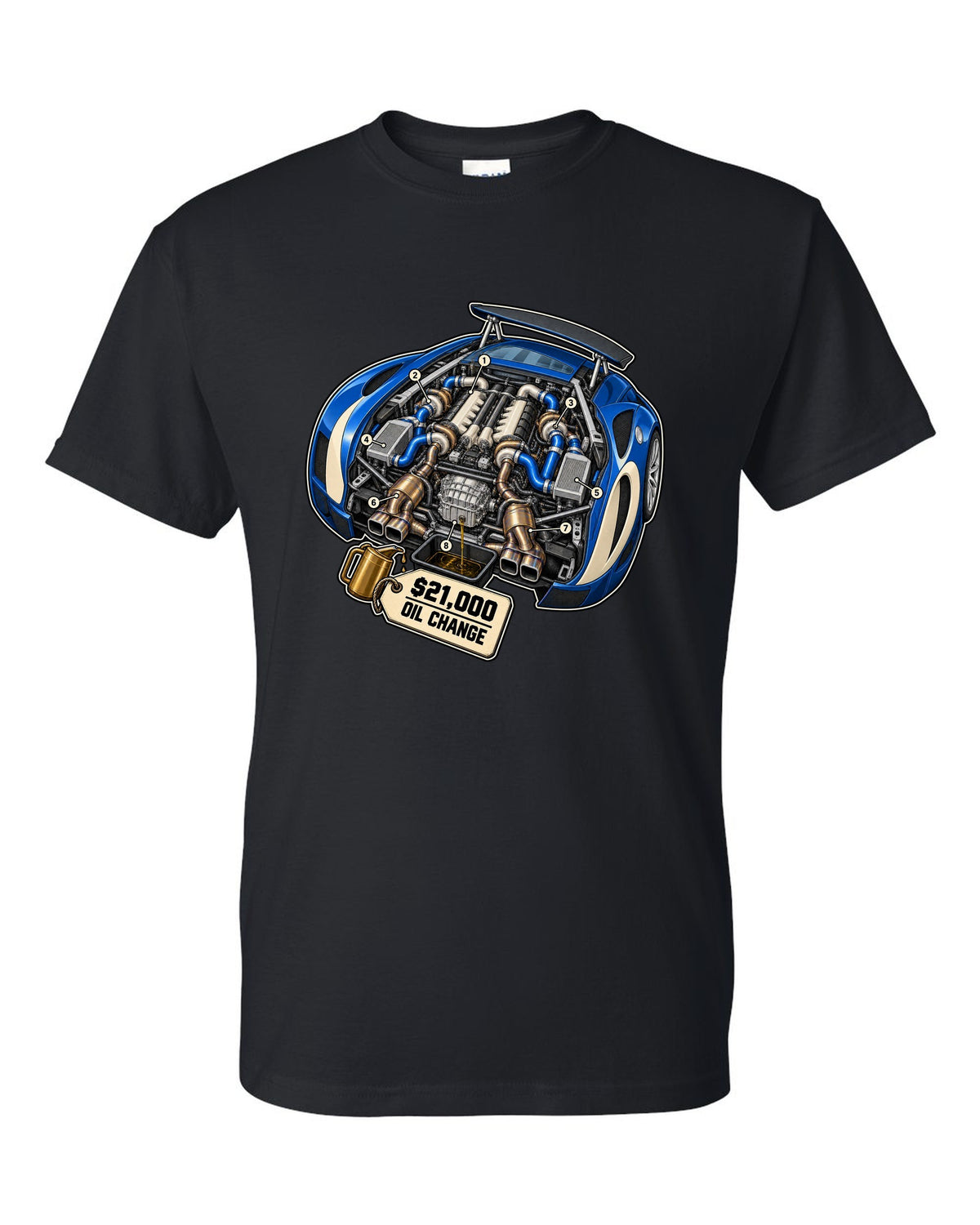 Exploded cutaway diagram print of the Bugatti Veyron 16.4 W16 engine with oil change lettering black t-shirt front view with the design
