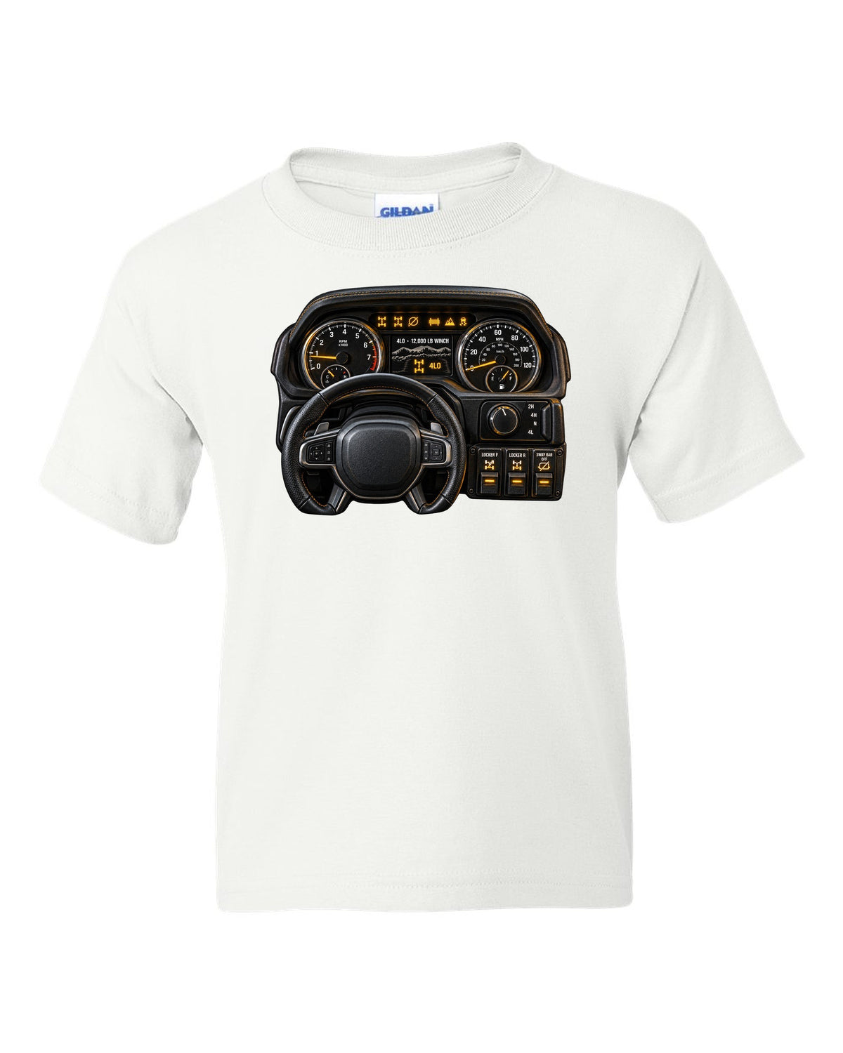Cockpit gauge print of a Ram 2500 Power Wagon showing locker and sway bar readouts white kids tee front view with the design
