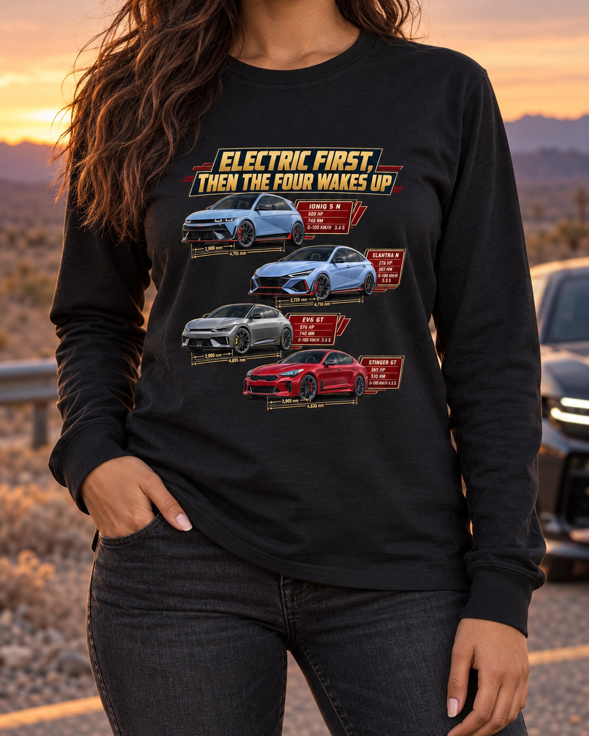 Polestar 1 Spec Poster Shirt, Electric First Then the Four Long Sleeve Black worn hero