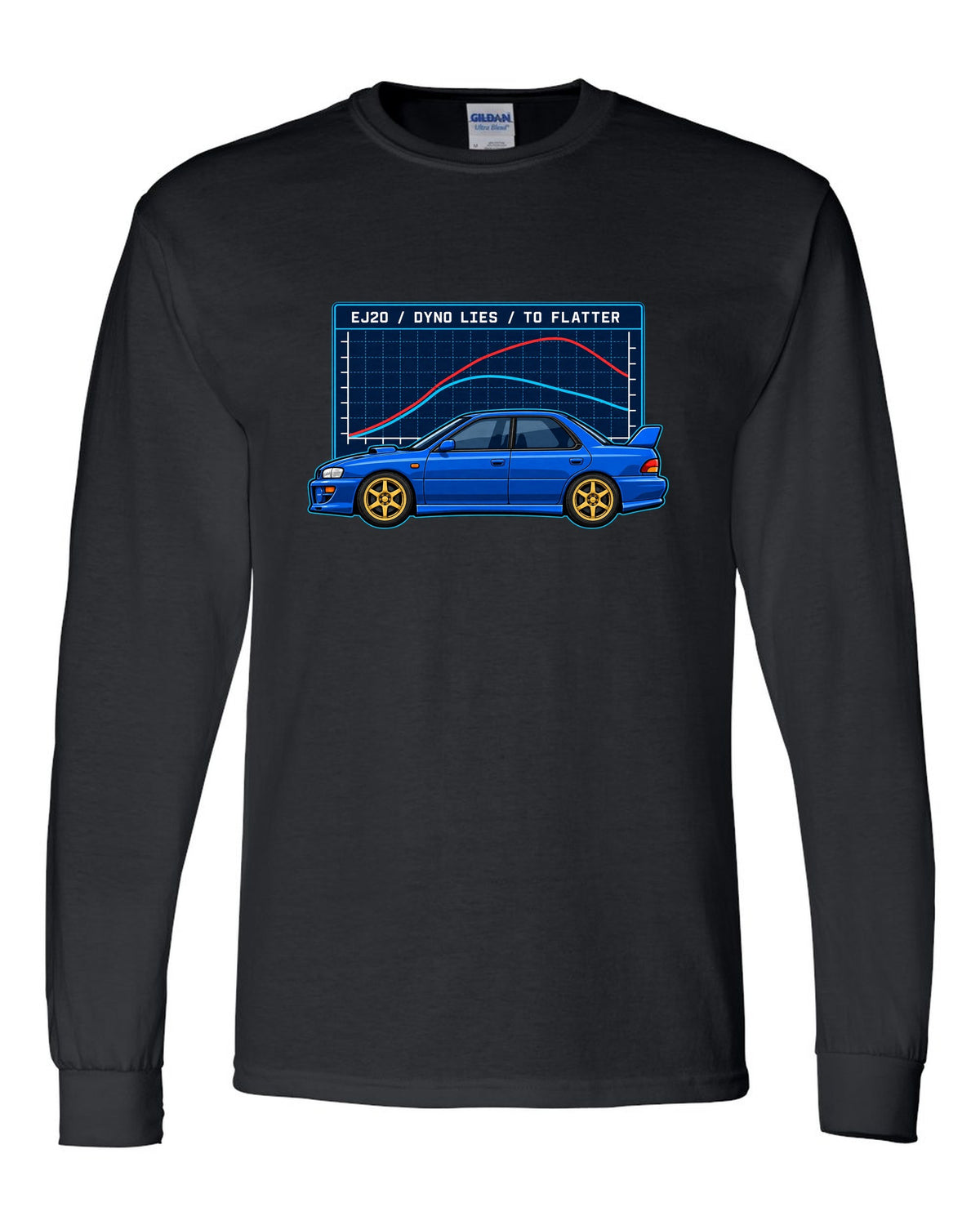 Vintage gauge face illustration pinned at 1.0 bar for a Subaru Impreza 22B STI black long sleeve front view with the design
