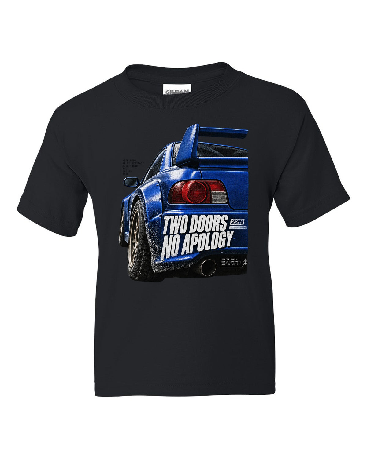 Macro detail of the Subaru Impreza 22B STI rear wing with two doors no apology text black kids tee front view with the design