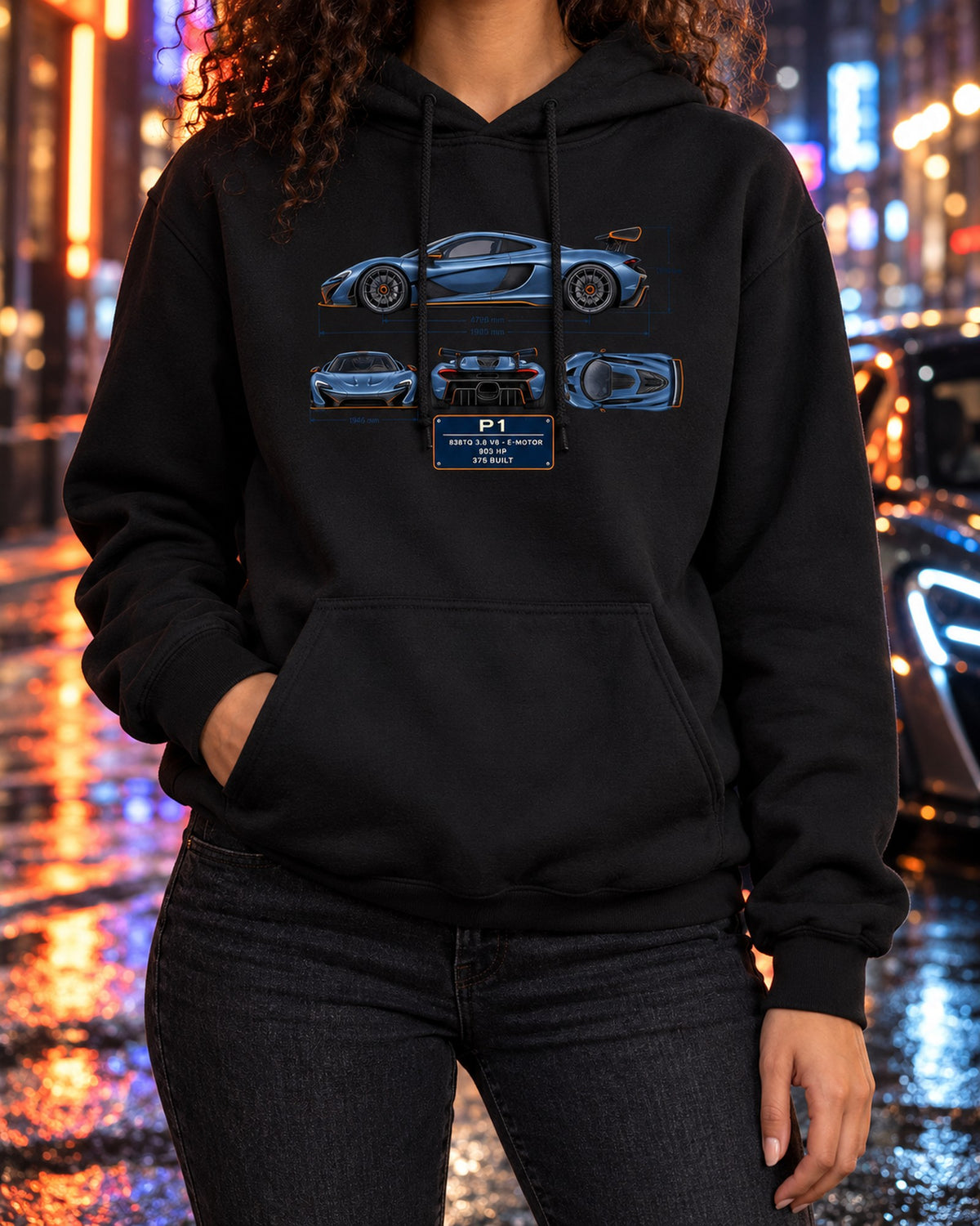 McLaren P1 Dimension Blueprint Shirt, Hybrid Hypercar Gift Pull Over Hoodie Black worn hero