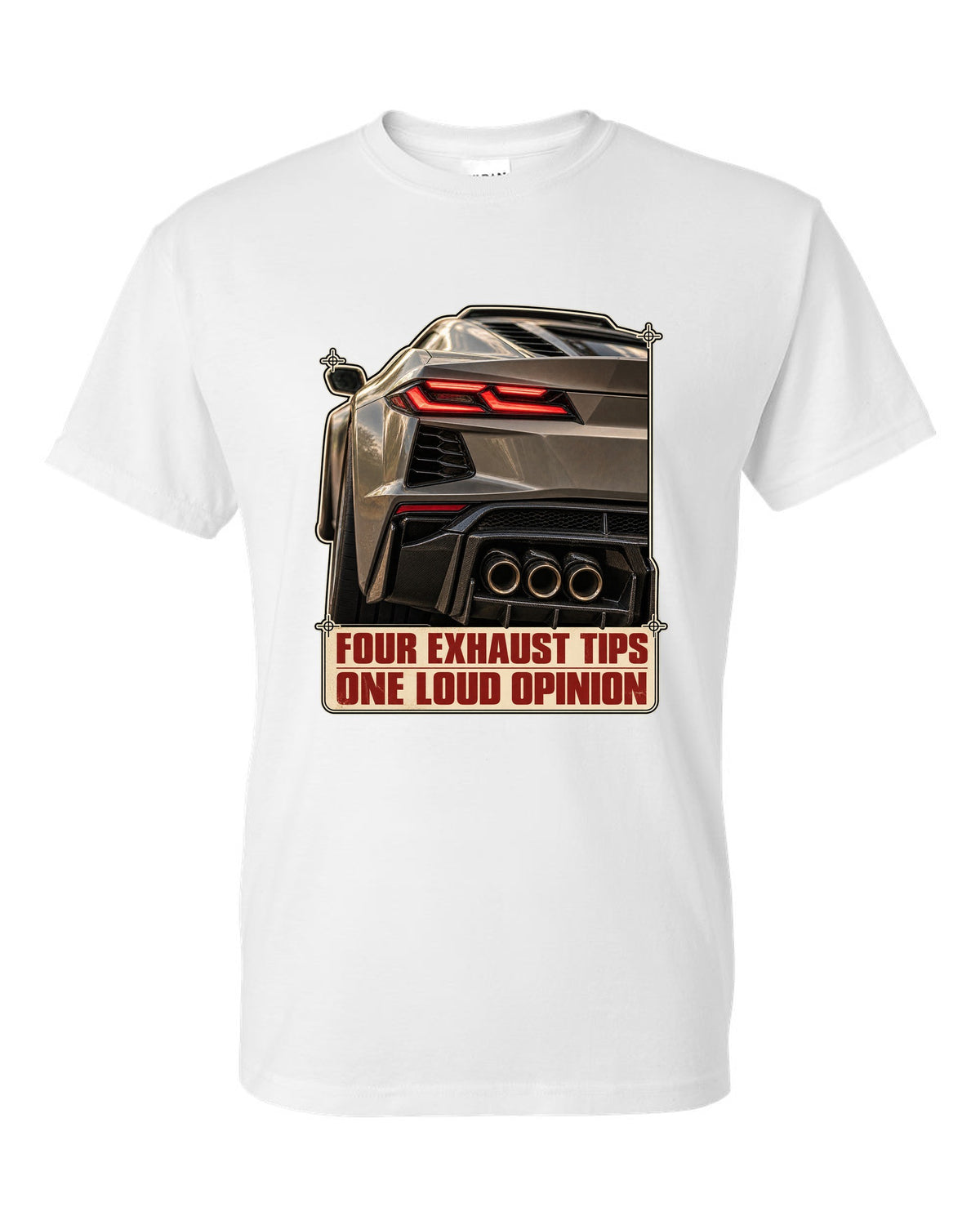 Taillight macro print of a Chevrolet Corvette C8 Z06 with four exhaust tips white t-shirt front view with the design