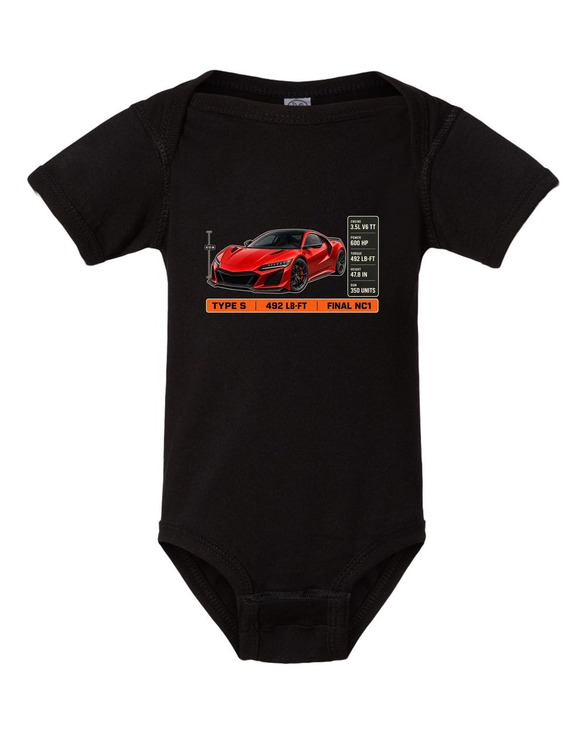 Spec poster print of a Curva Red Acura NSX NC1 Type S three-quarter black baby onesie front view with the design
