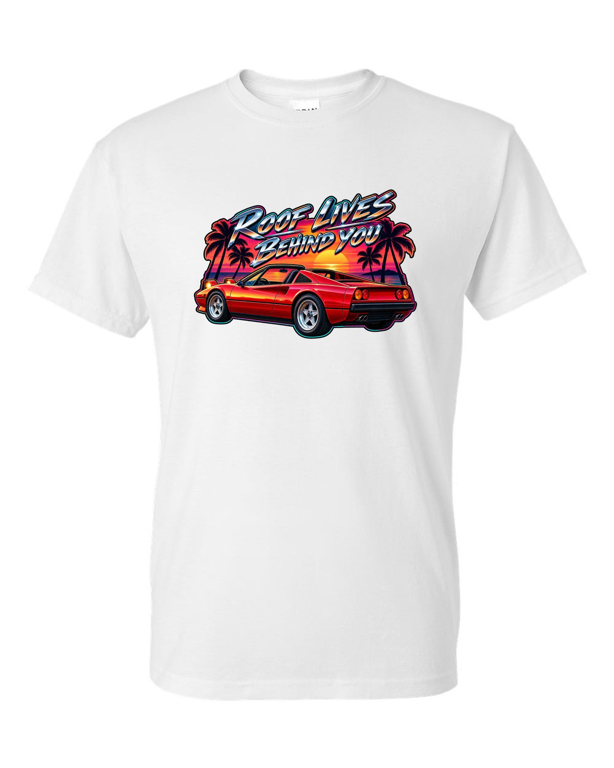 1980s airbrush style print of a Ferrari 308 GTS targa at sunset with palm trees white t-shirt front view with the design