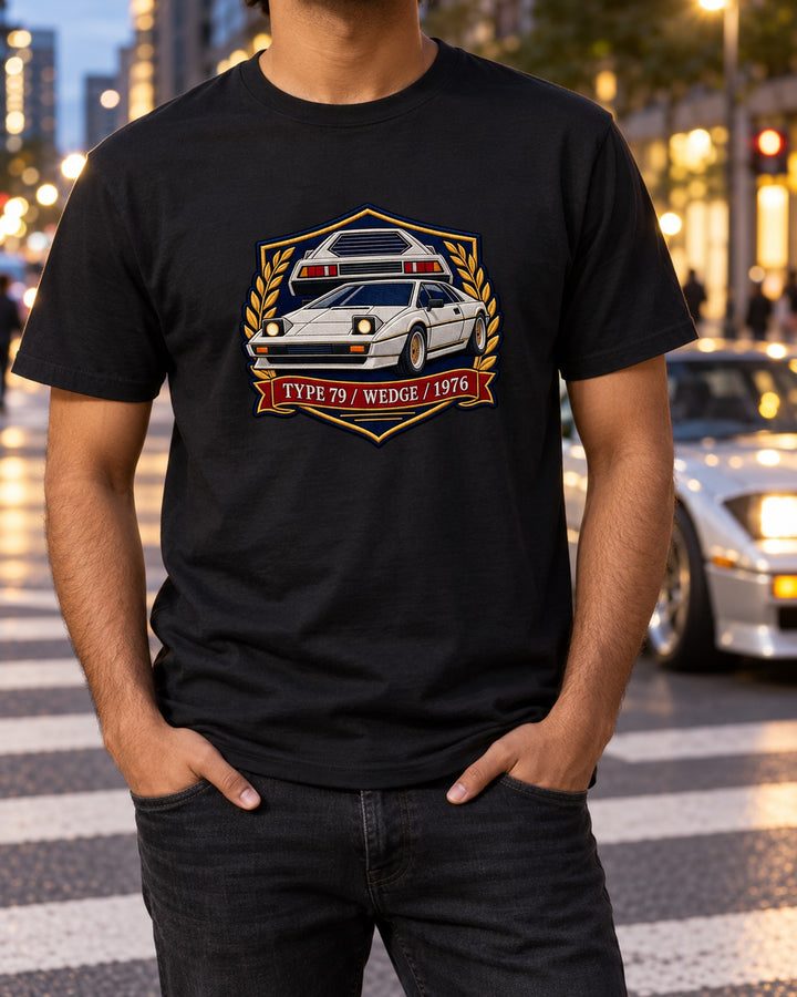 Lotus Esprit Type 79 Wedge Crest Shirt, 1976 Varsity Tee T-Shirt Black worn hero