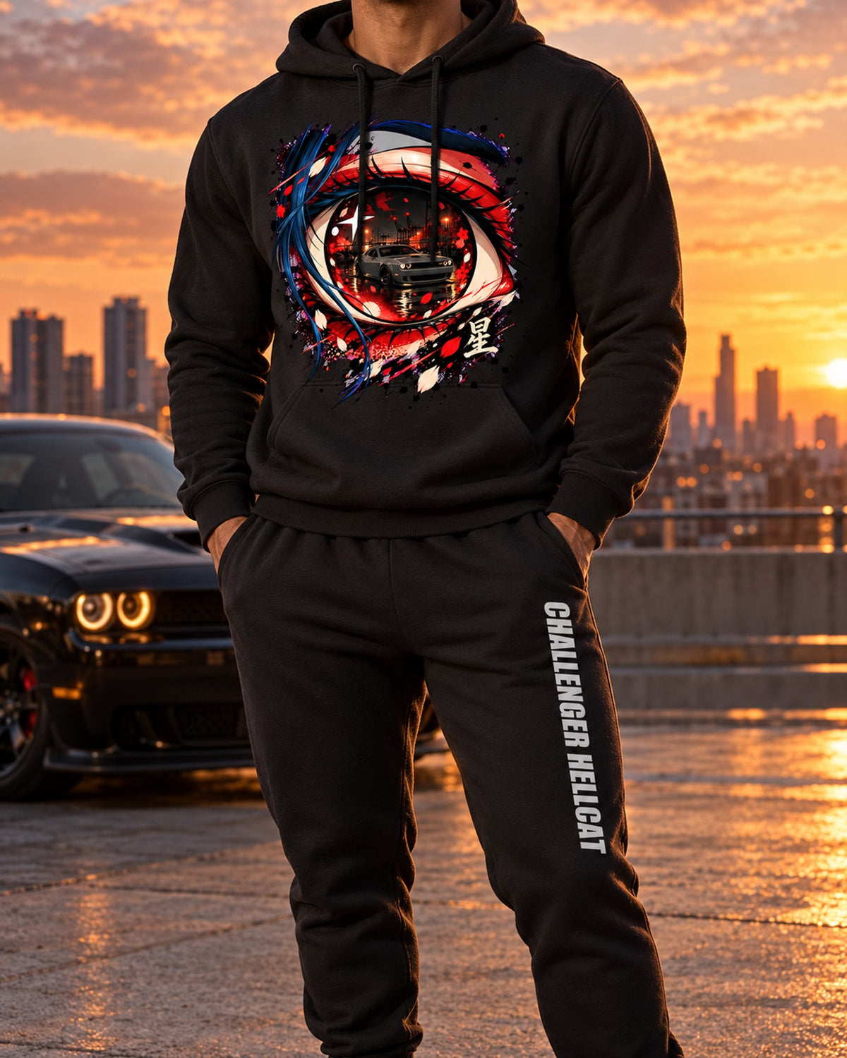 Dodge Challenger Hellcat Anime Girl Hoodie + Jogger Set Black worn hero