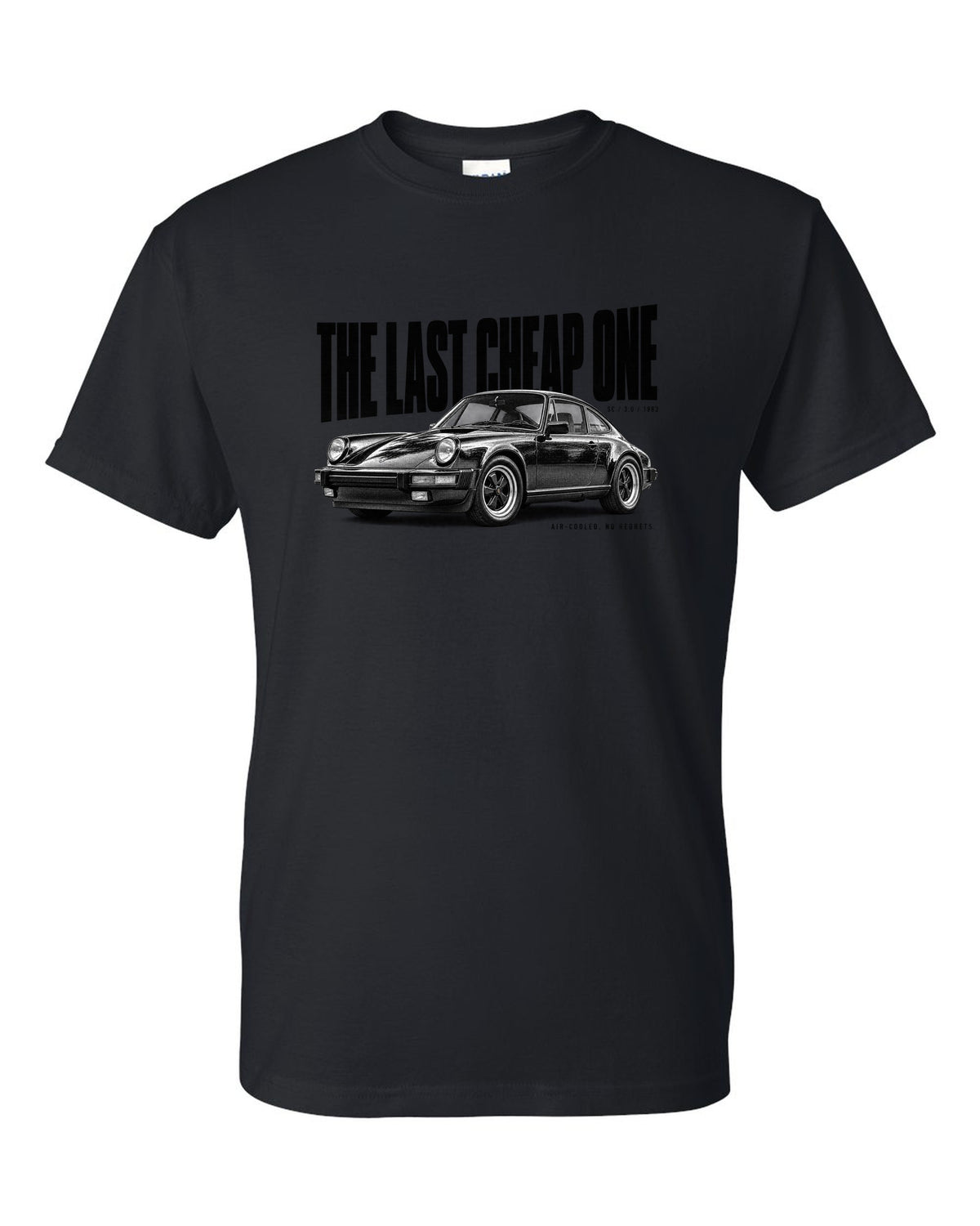 Halftone print of a Porsche 911 SC G-series with The Last Cheap One caption black t-shirt front view with the design