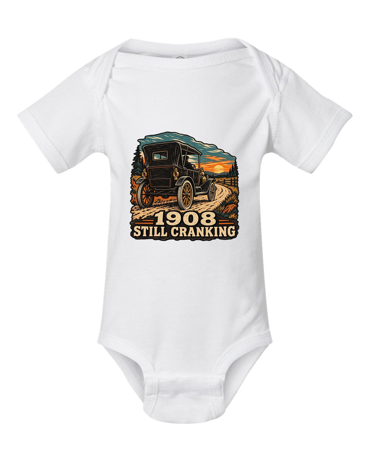Multi-colour woodcut illustration of a Ford Model T Tin Lizzie with 1908 still cranking text white baby onesie front view with the design
