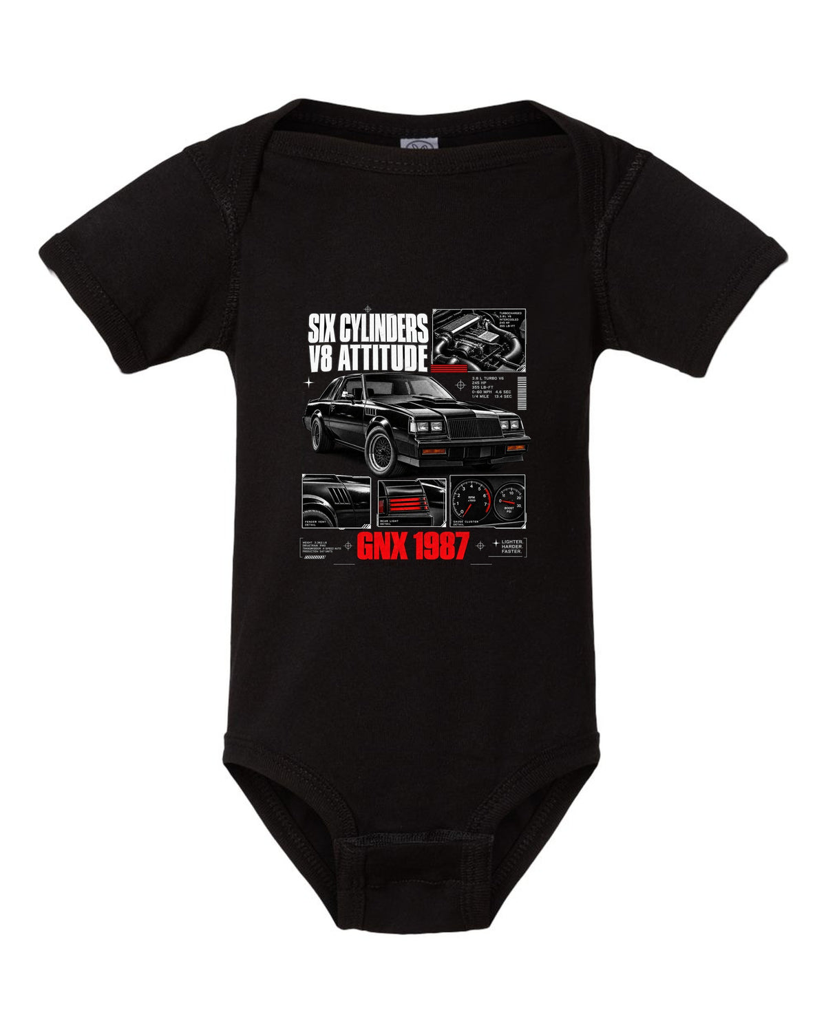 print dossier panels of a 1987 Buick GNX with six cylinders V8 attitude lettering black baby onesie front view with the design