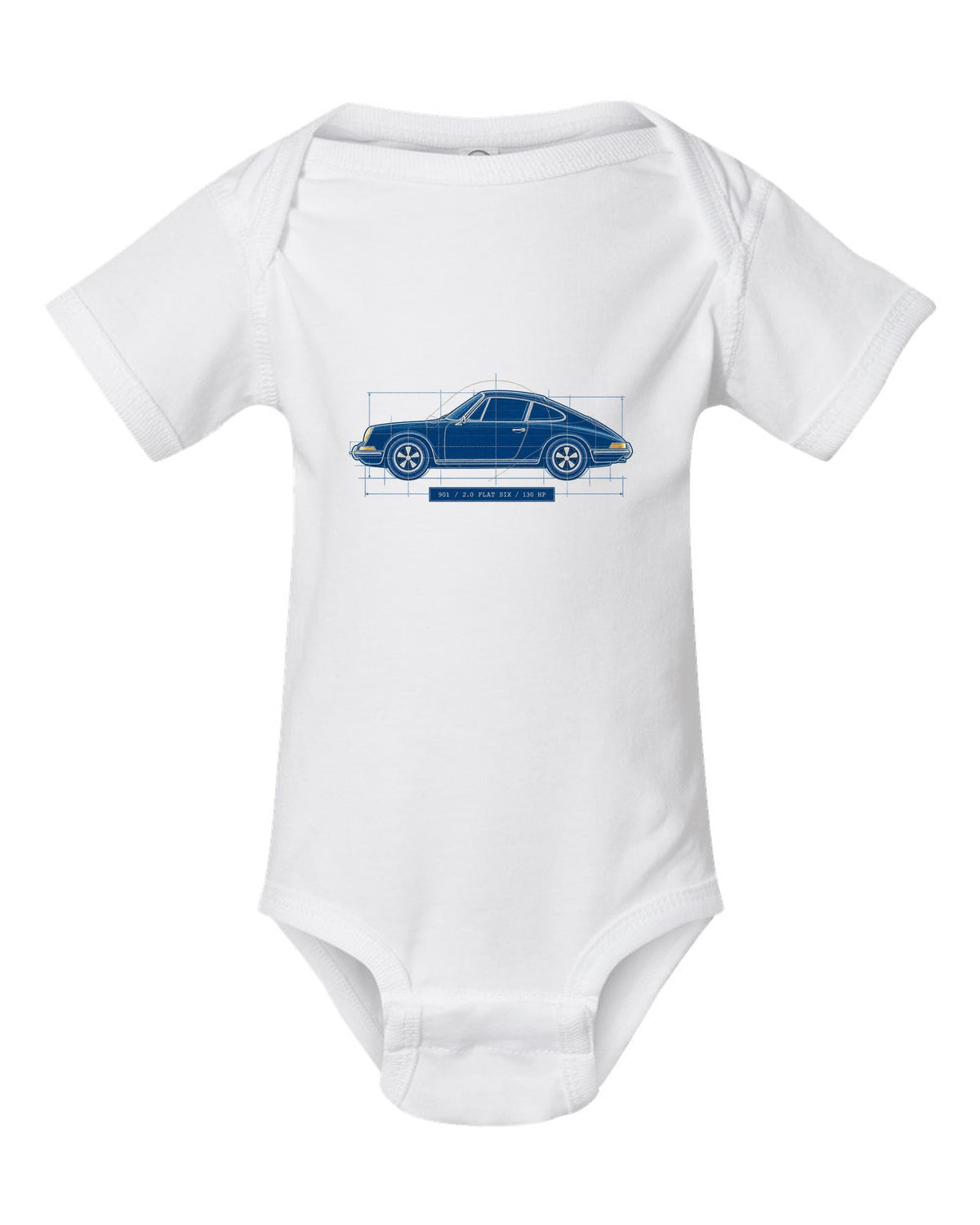 Porsche 911 901 1964 Cyanotype Blueprint Profile white baby onesie front view with the design