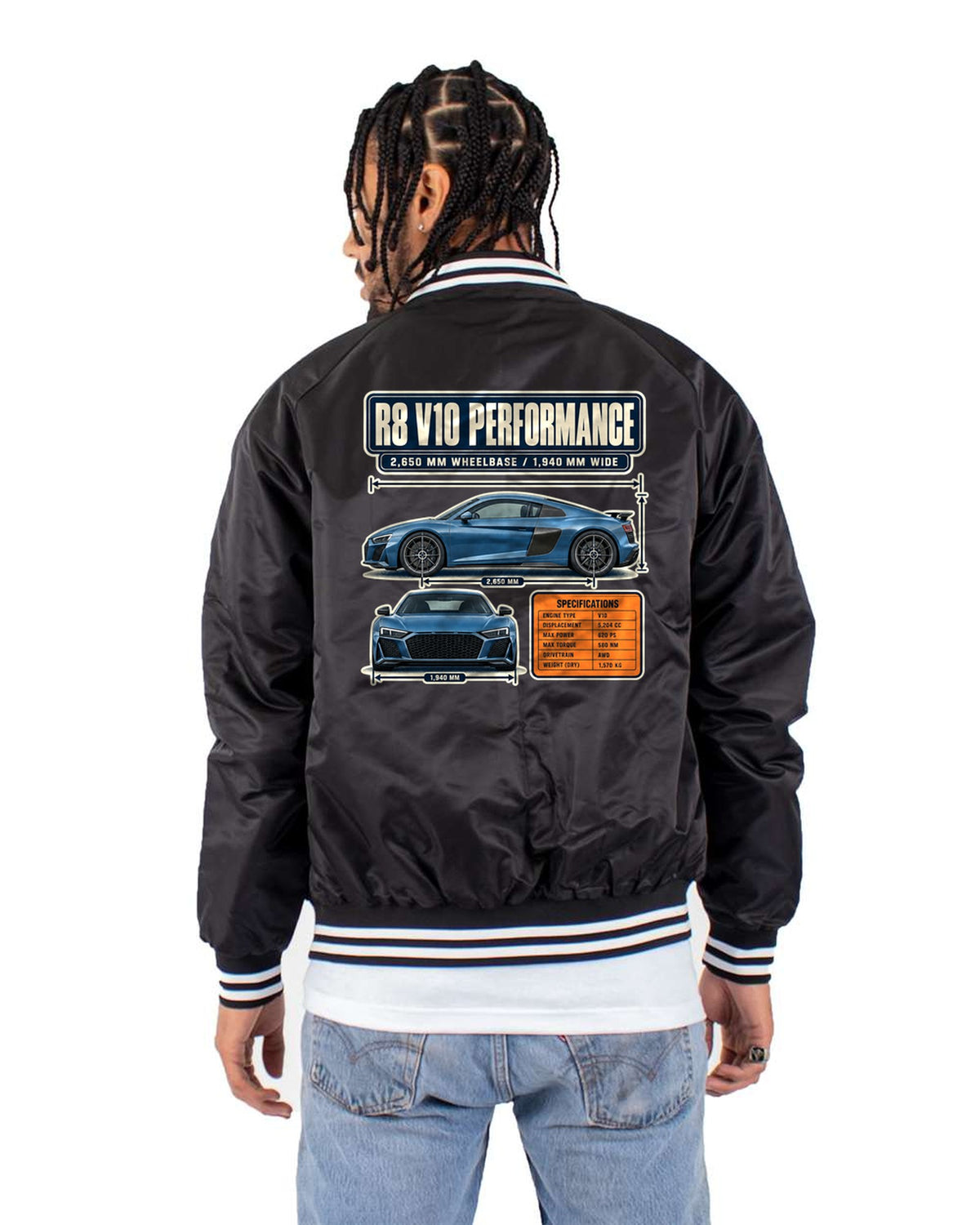 Audi R8 V10 Performance Dimension Blueprint Tee, Type 4S Car Shirt Bomber Jacket Black back