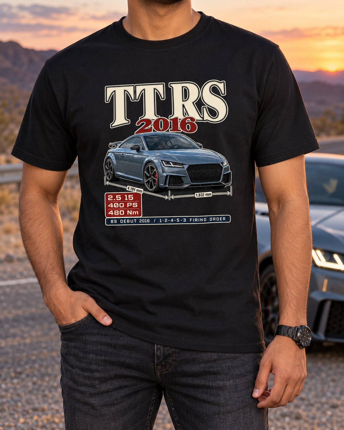 Audi TT RS 8S 2016 Archive Panel Tee, Five-Cylinder Order T-Shirt Black worn hero