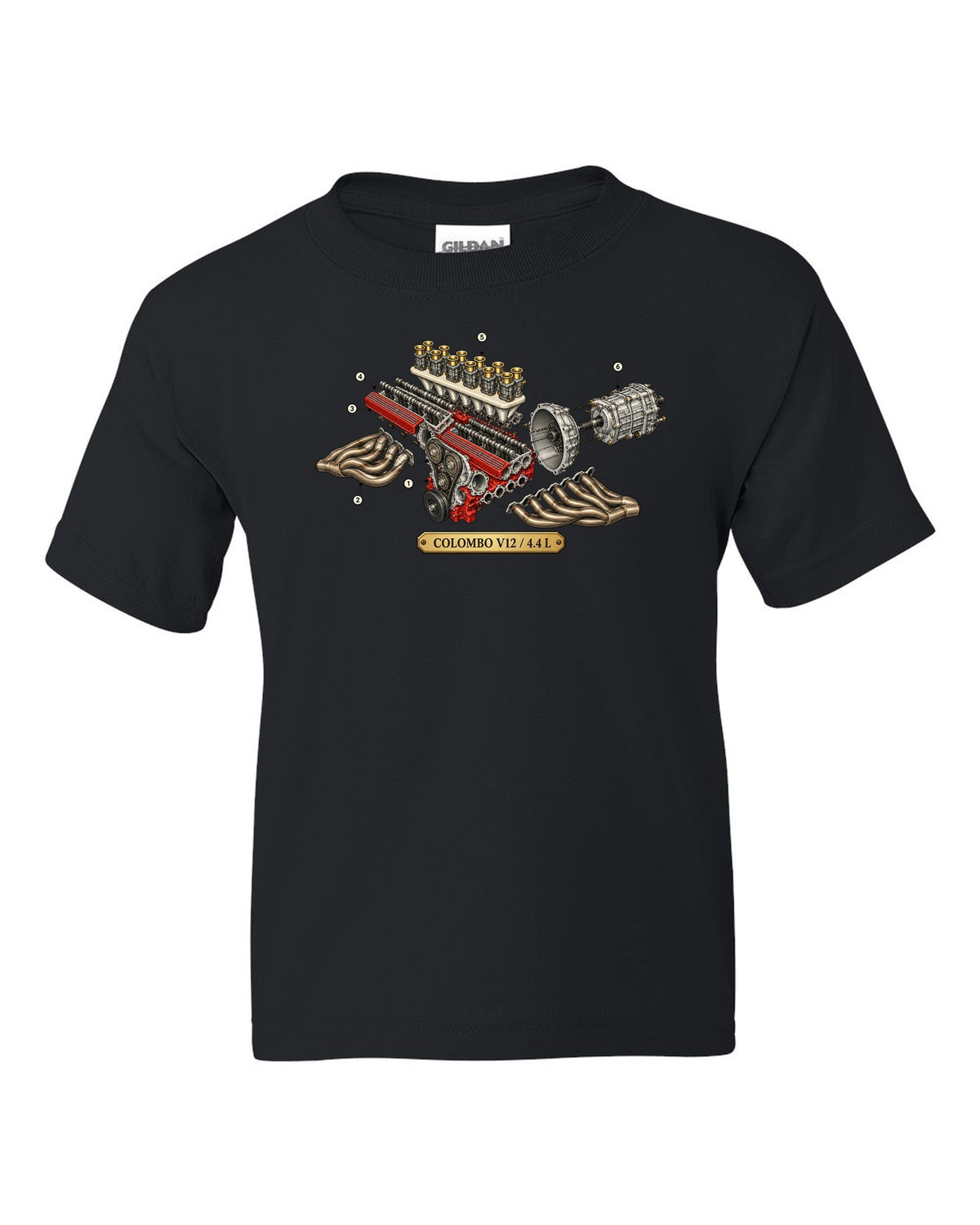Exploded view of the Ferrari 365 GTB/4 Daytona Colombo V12 engine black kids tee front view with the design