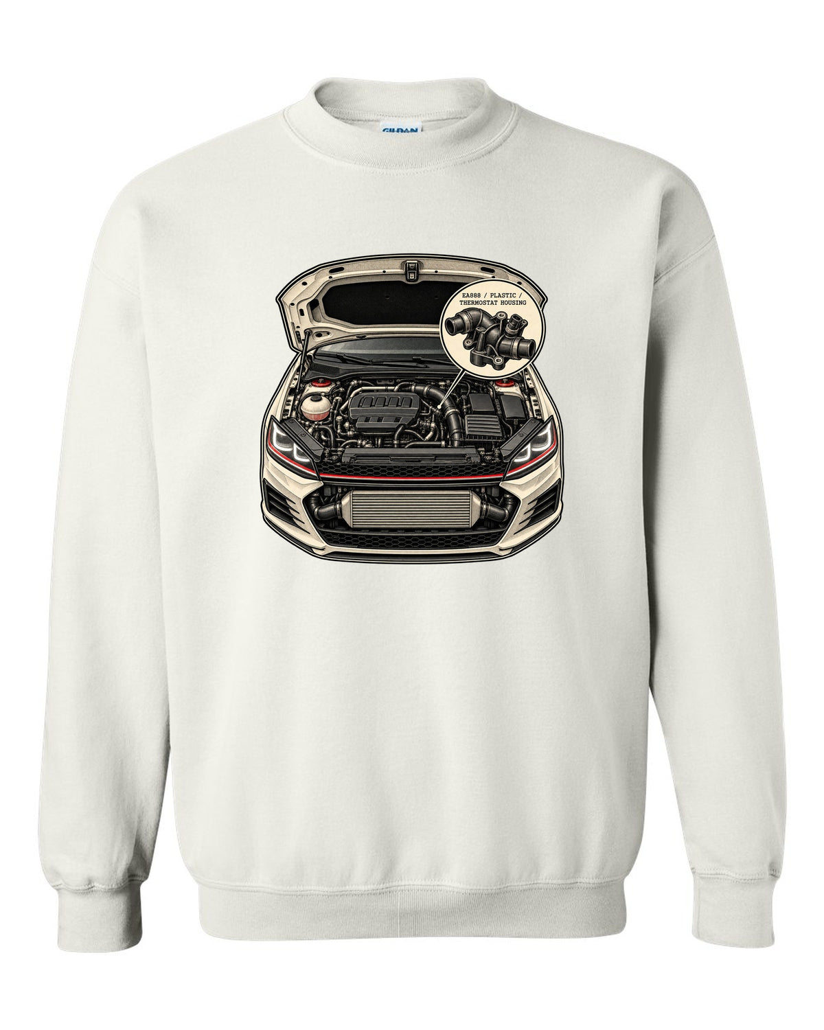 Patent line art of a VW Golf Mk7 GTI engine bay labelled EA888 plastic thermostat housing white crewneck front view with the design