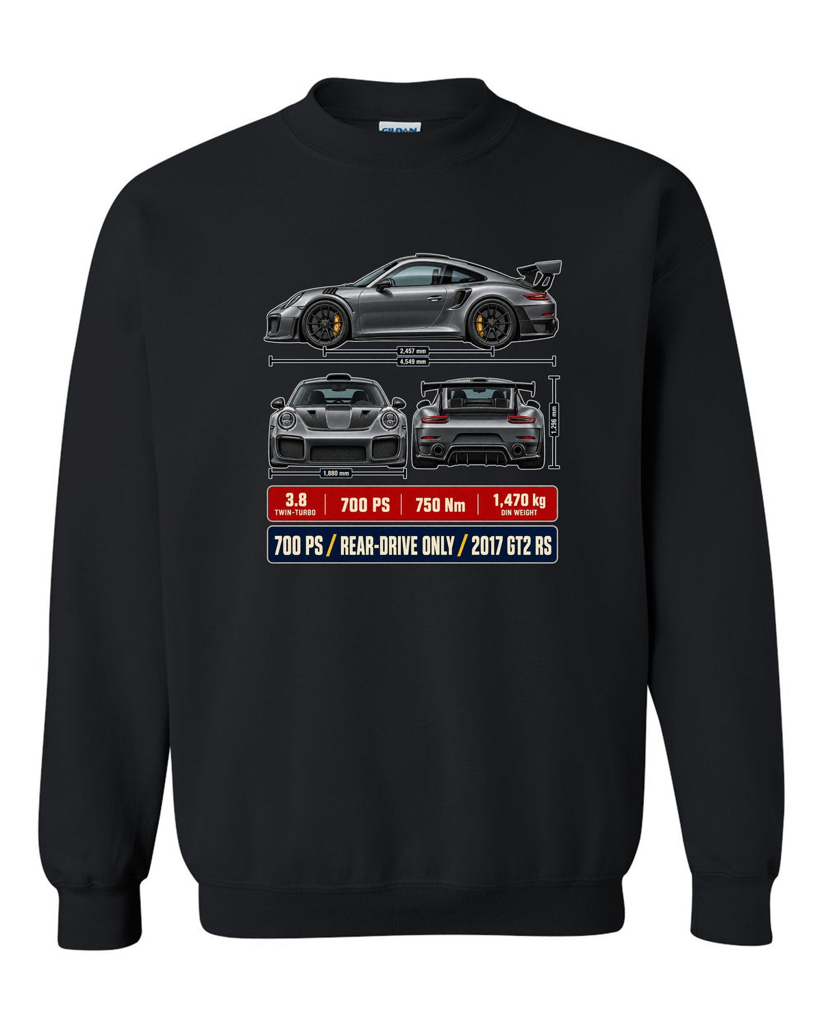Porsche 911 GT2 RS 991.2 three-view dossier print design black crewneck front view with the design