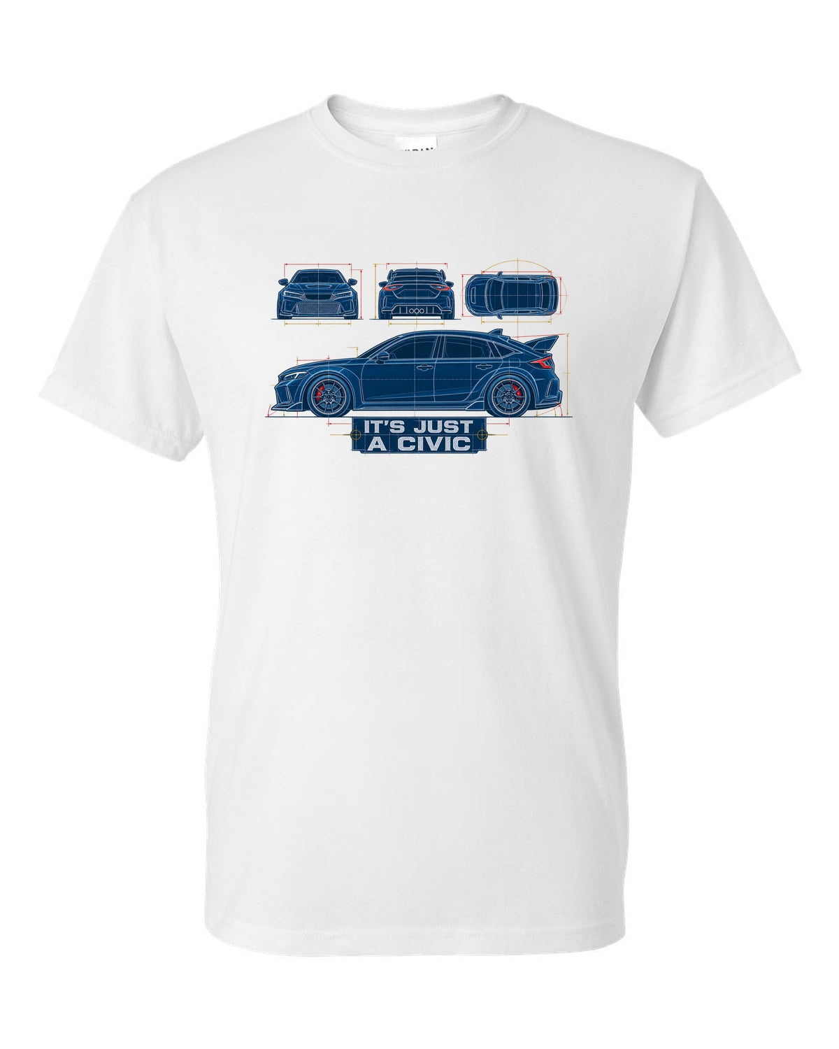 Cyanotype blueprint print of a 2023 Honda Civic FL5 ch with it's just a Civic text white t-shirt front view with the design
