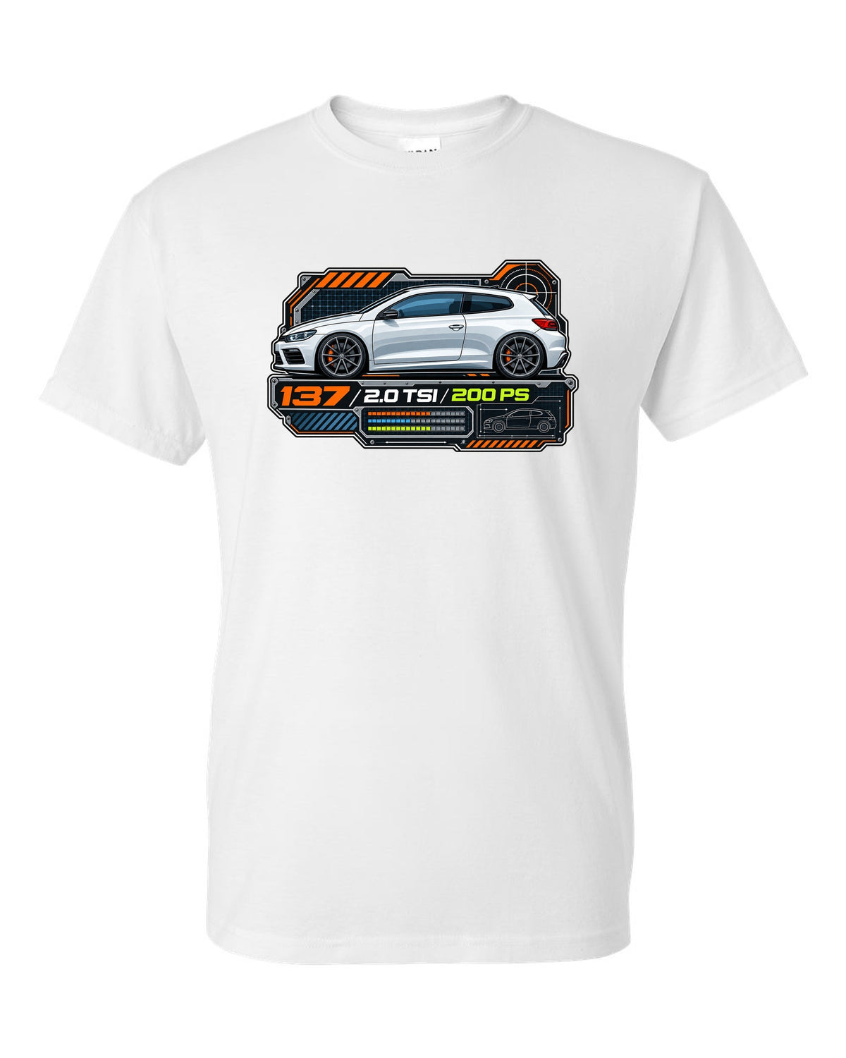 Spec-sheet data plate print of a VW Scirocco Mk3 with 137 2.0 TSI 200 PS text white t-shirt front view with the design