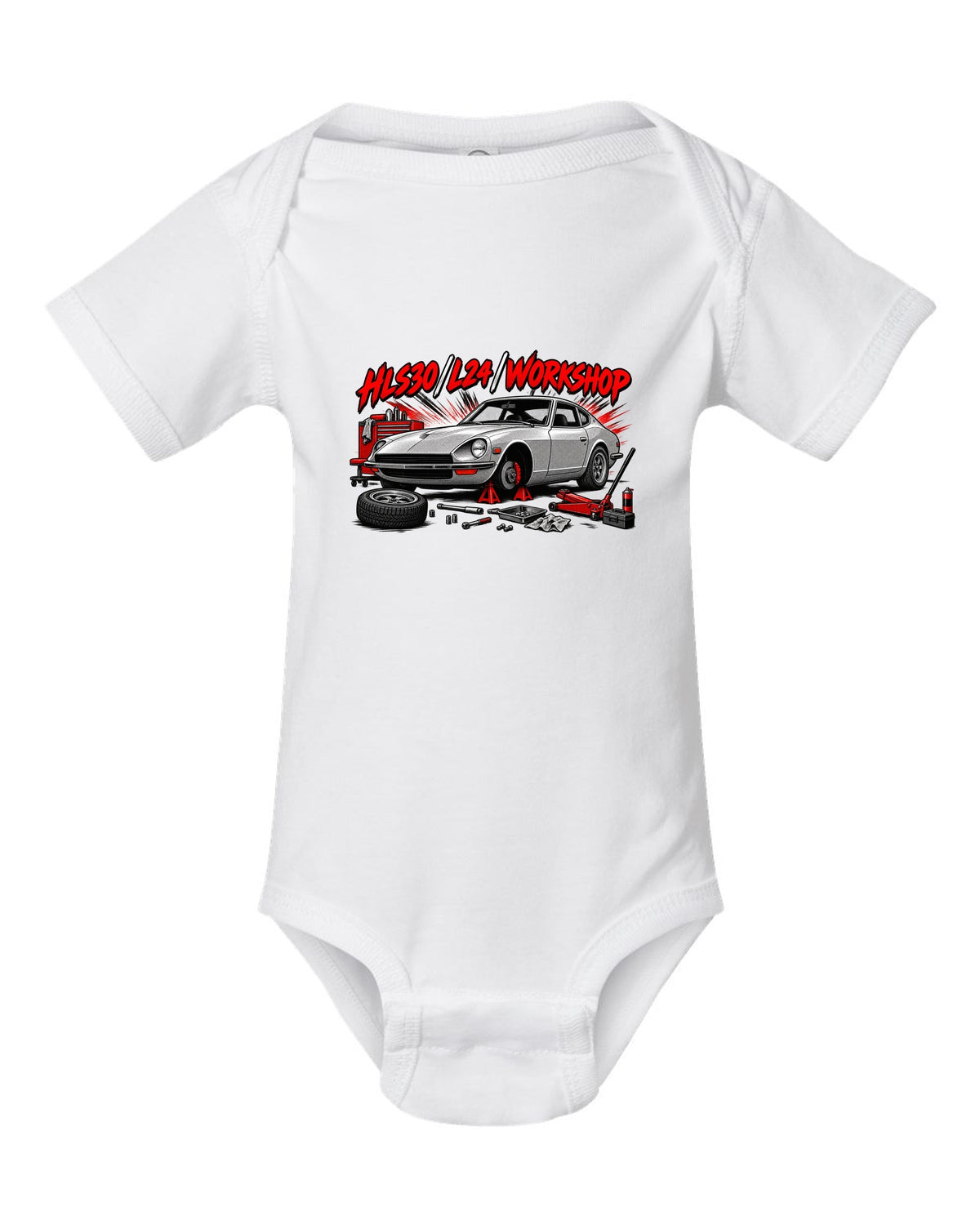Retro manga halftone panel print of the Datsun 240Z HLS30 with L24 workshop lettering white baby onesie front view with the design