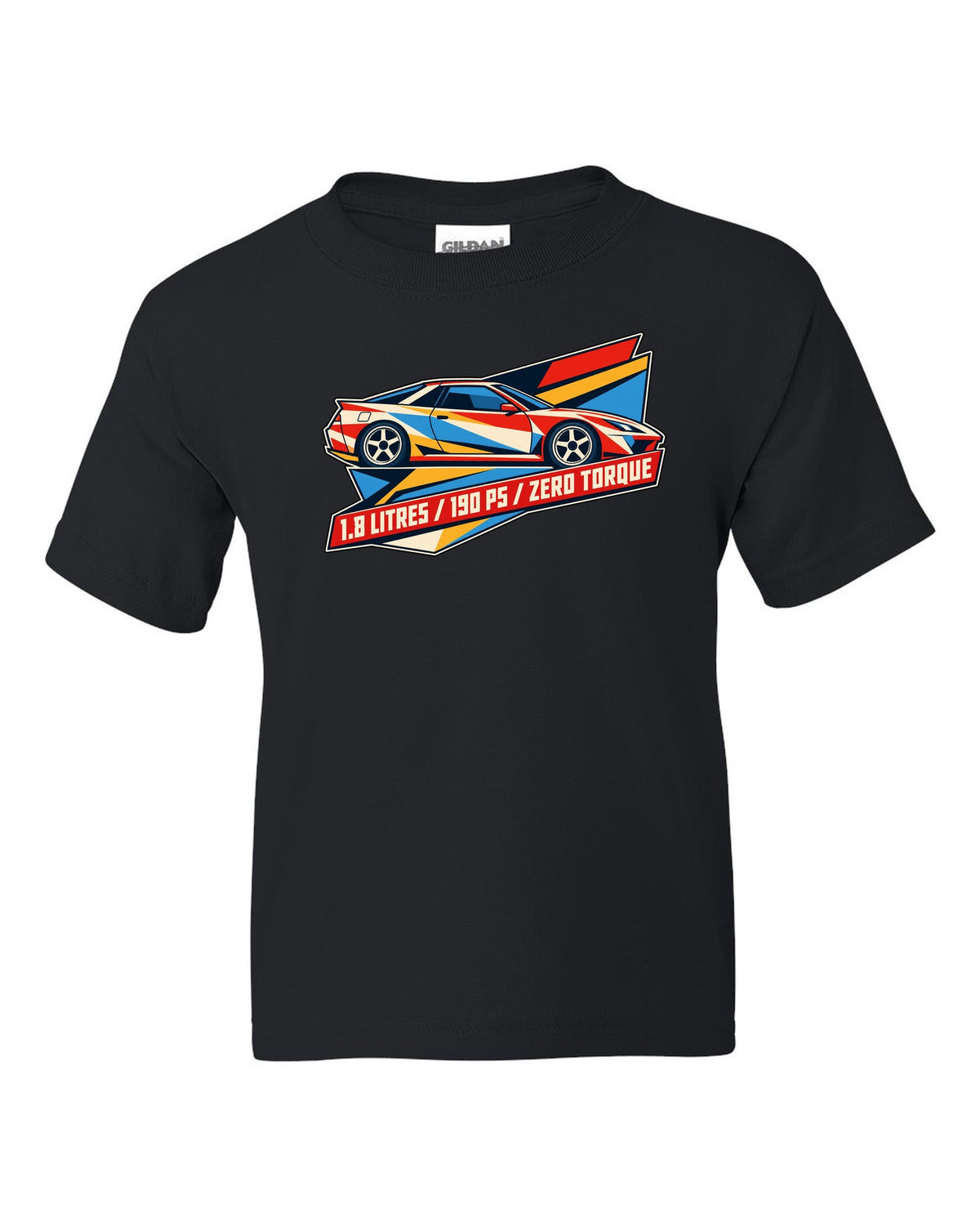 Geometric origami constructivist poster of the Toyota Celica ZZT231 with 190 PS text black kids tee front view with the design