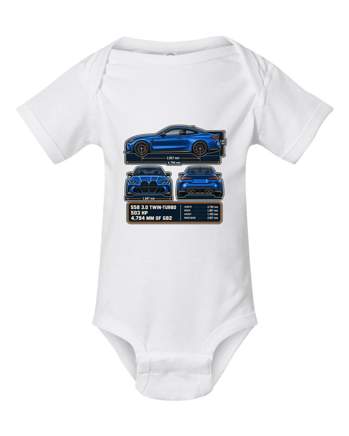 BMW M4 Competition G82 dimension blueprint print with S58 specs white baby onesie front view with the design