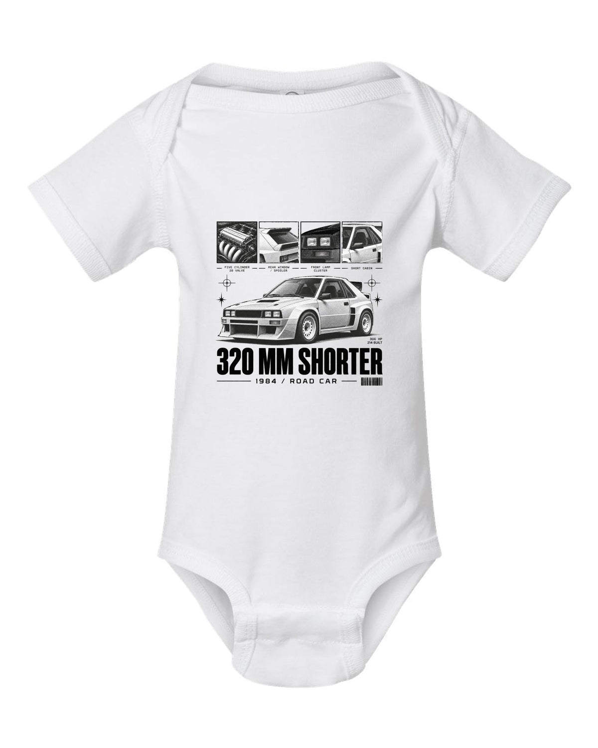 Audi Sport Quattro SWB 1984 Dossier white baby onesie front view with the design
