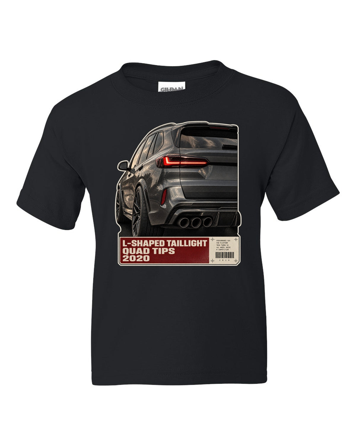 Macro print of the L-shaped taillight and quad tips on a BMW X5 M Competition F95 black kids tee front view with the design