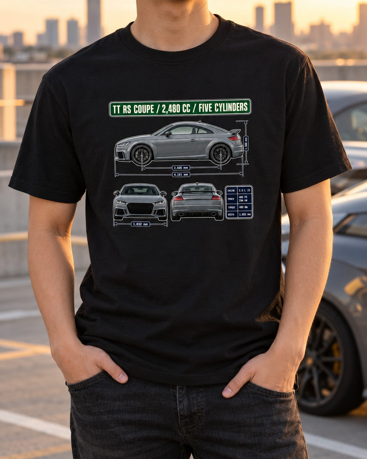 Audi TT RS 8S Coupe Dimension Blueprint Shirt, Five-Cylinder T-Shirt Black worn hero