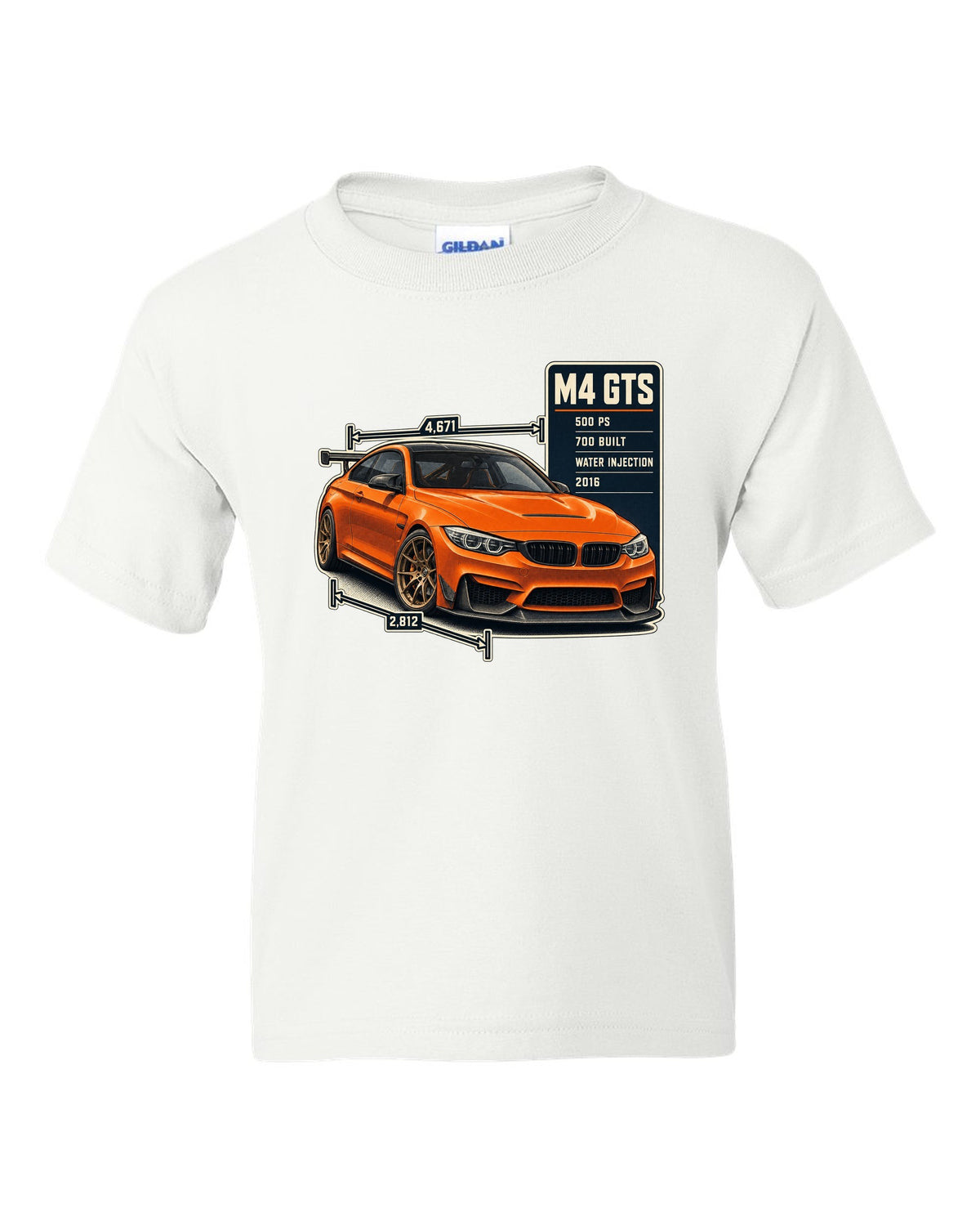 BMW M4 GTS F82 spec poster print design white kids tee front view with the design